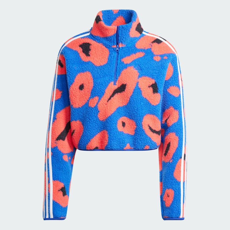 Essentials 3-Stripes Animal Print High Pile Cropped 1/4 Zip Top 1