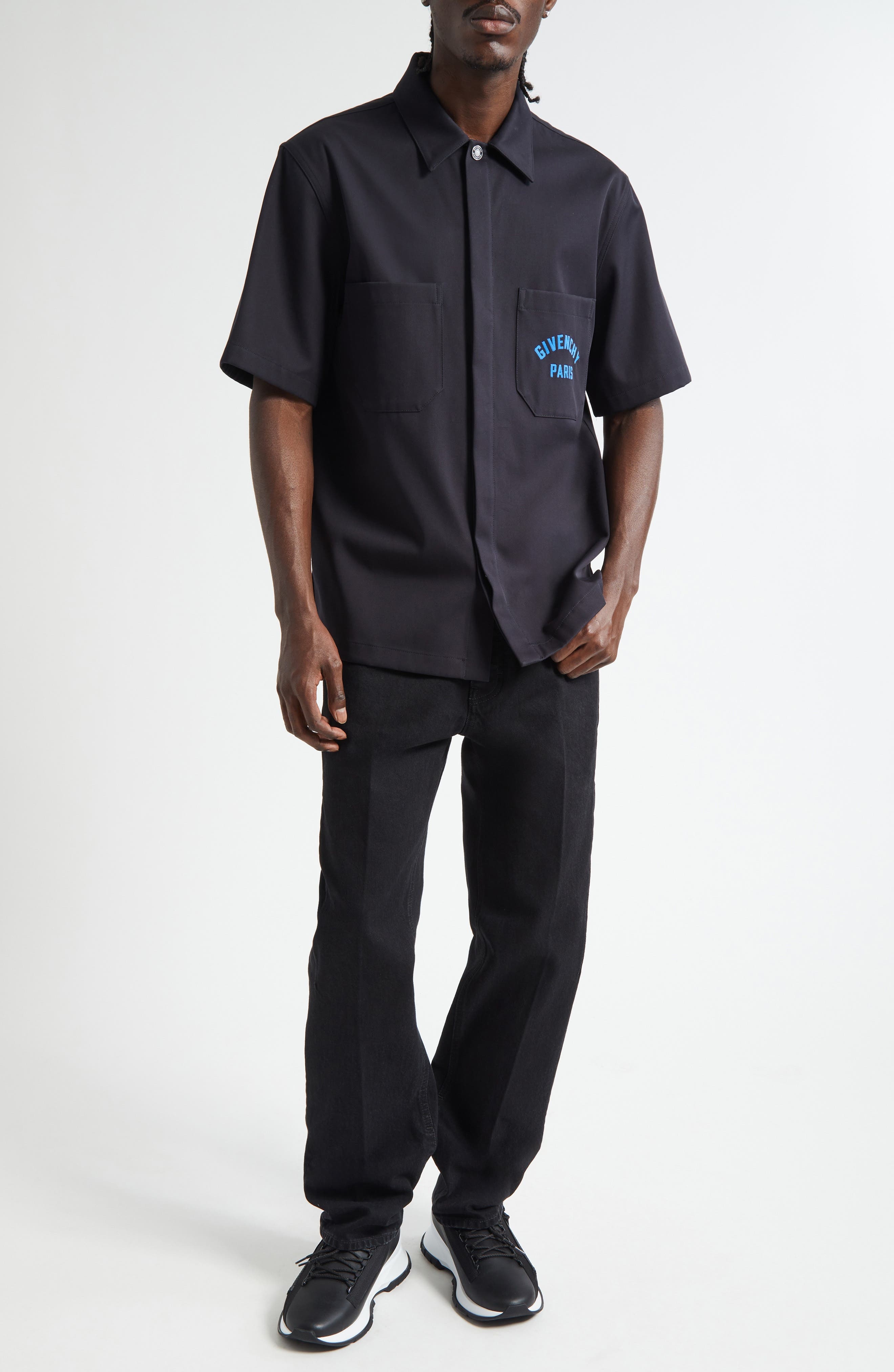 Givenchy Logo Embroidered Short Sleeve Button-Up Shirt in Dark Blue at Nordstrom - 2