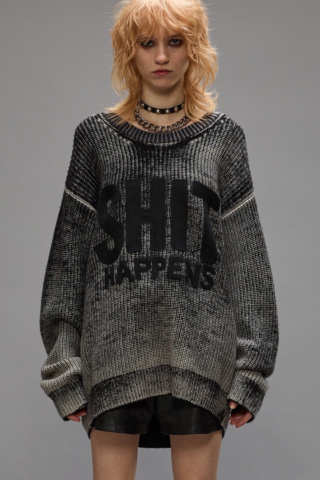 SHIT HAPPENS BOYFRIEND SWEATER - DISTRESSED BLACK - 1