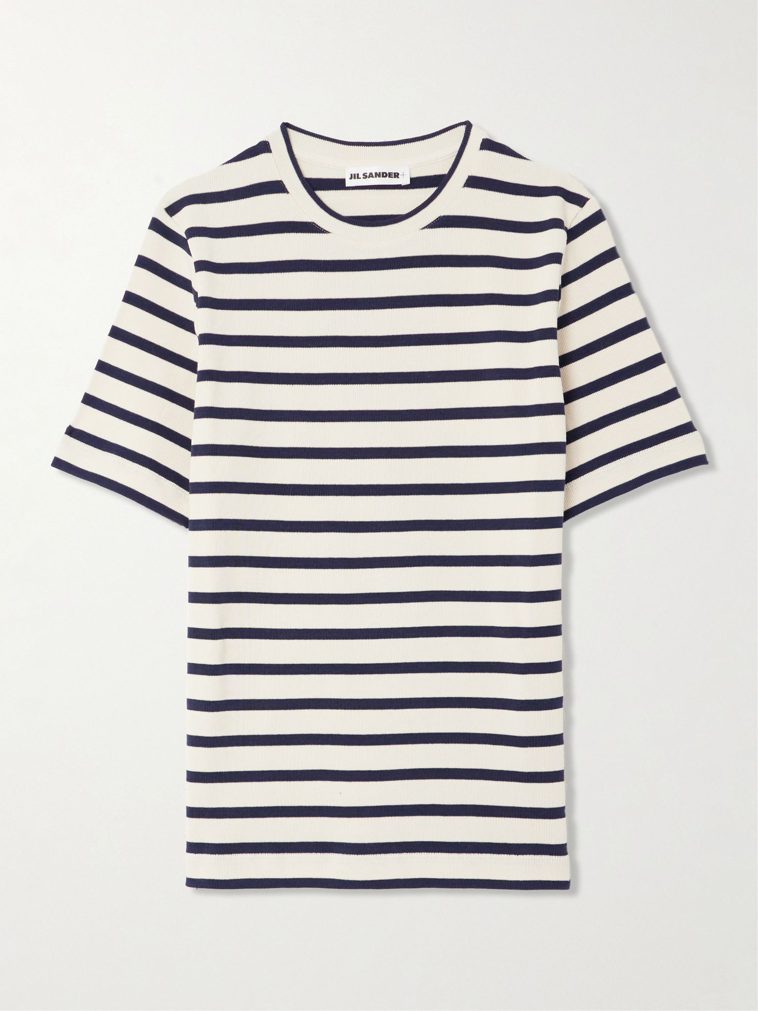 Striped knitted cotton T-shirt Cream - 1