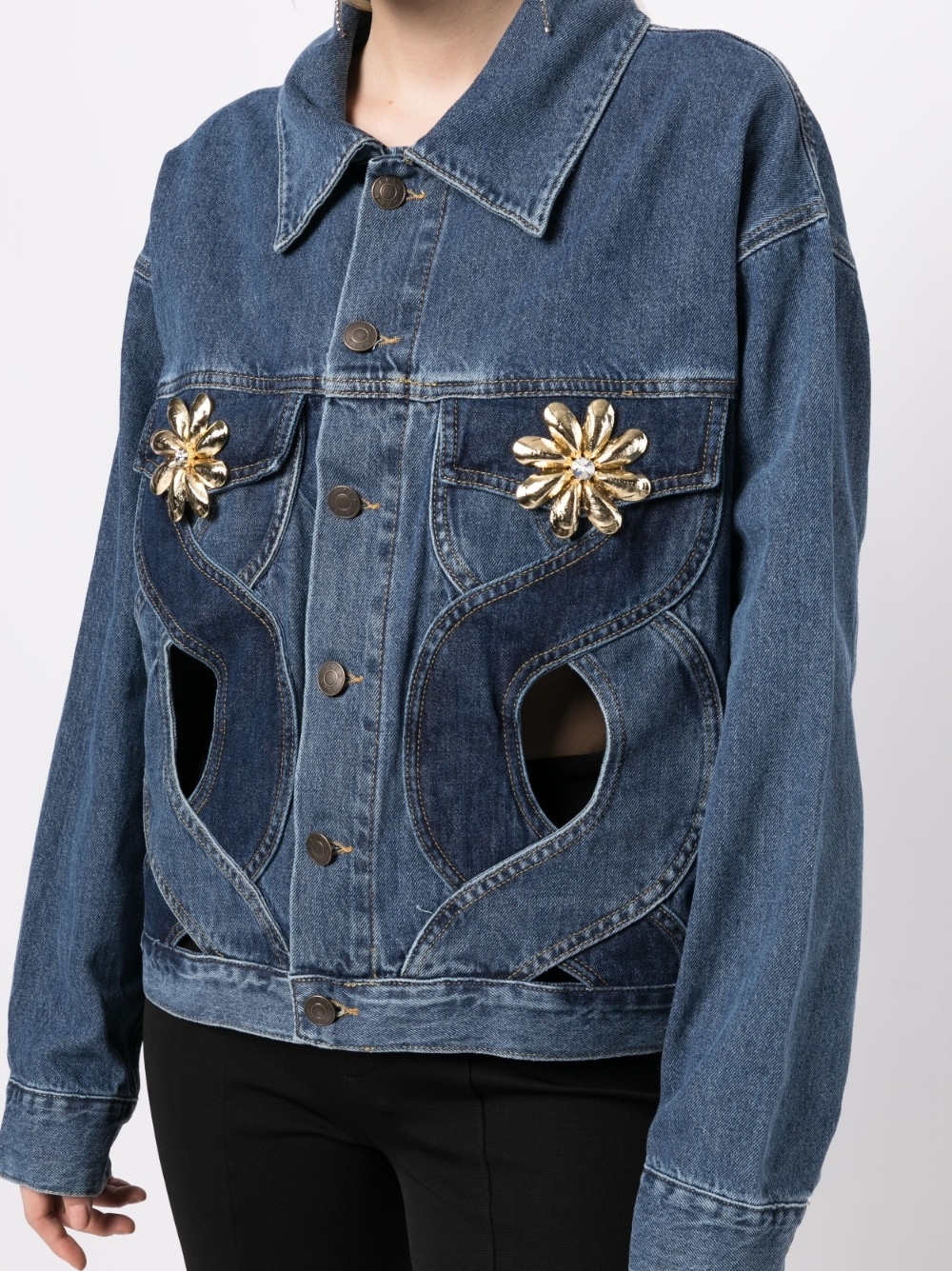 shell-embellished cut-out denim jacket - 5