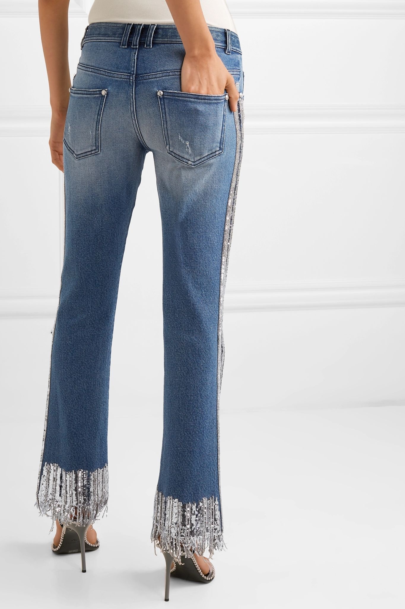 Fringed embellished mid-rise straight-leg jeans - 4