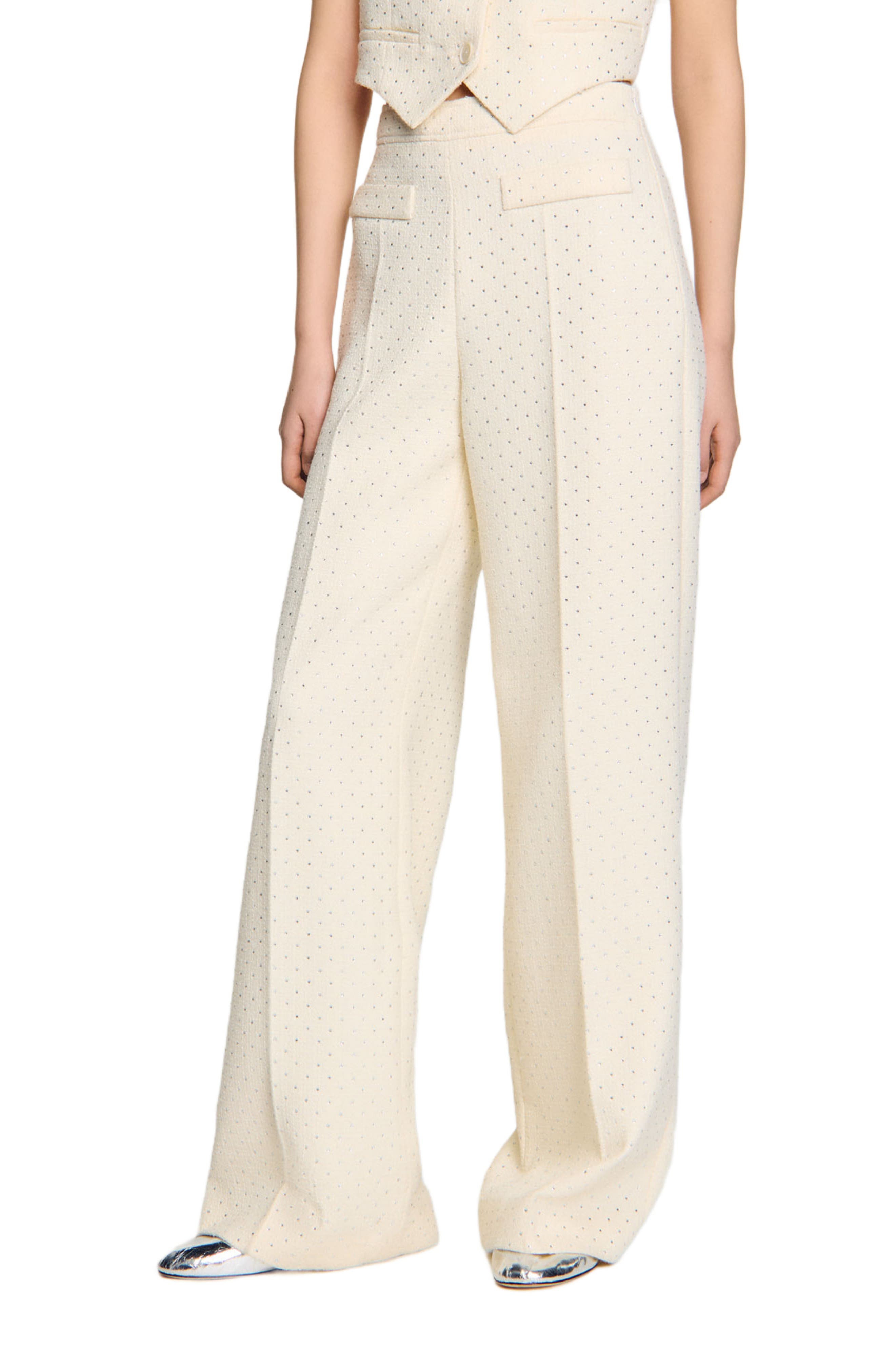 SANDRO Tweed rhinestone-covered trousers in Ecru at Nordstrom - 3