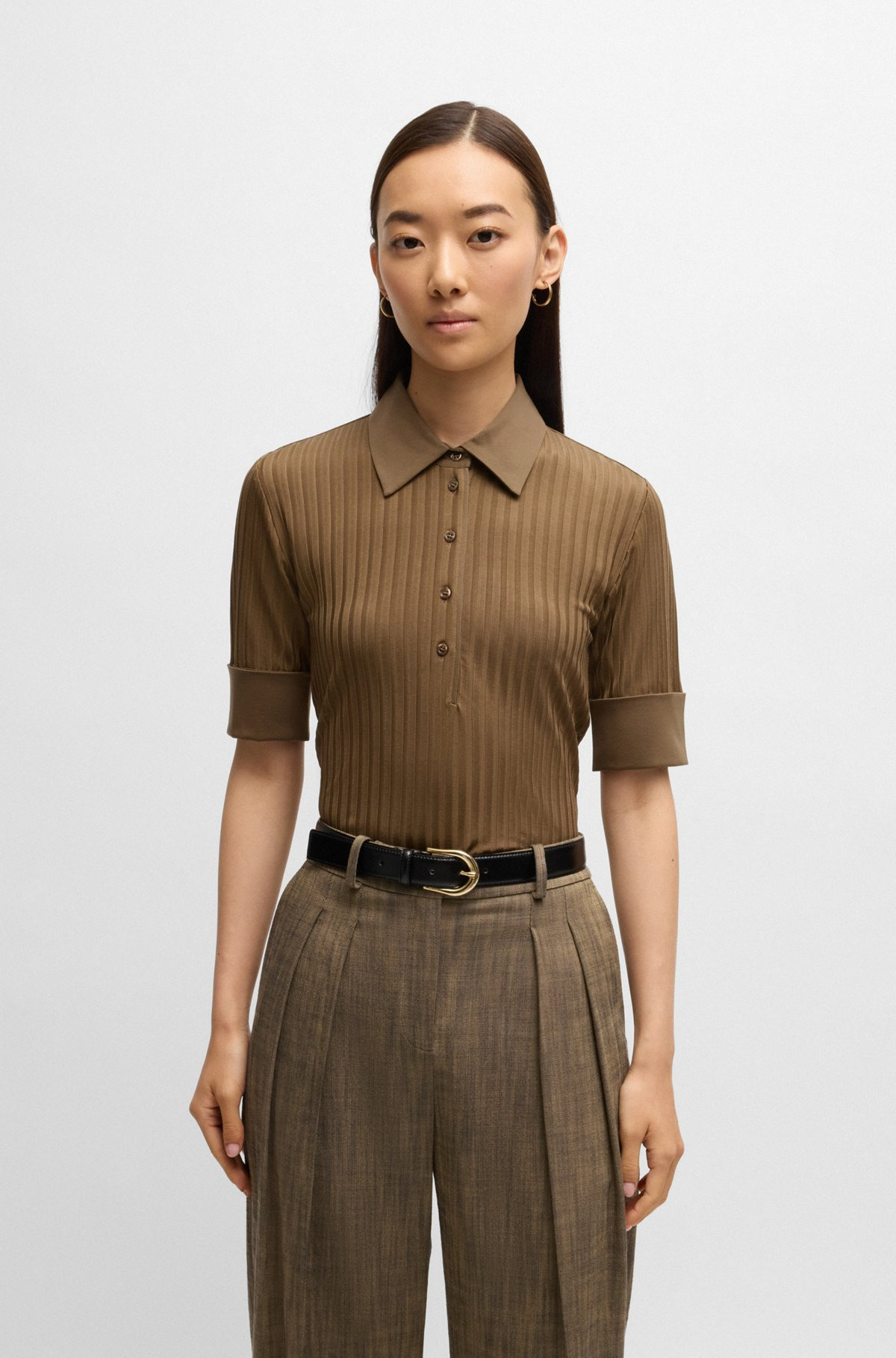 RIBBED POLO-COLLAR T-SHIRT WITH PLAIN TRIMS - 2