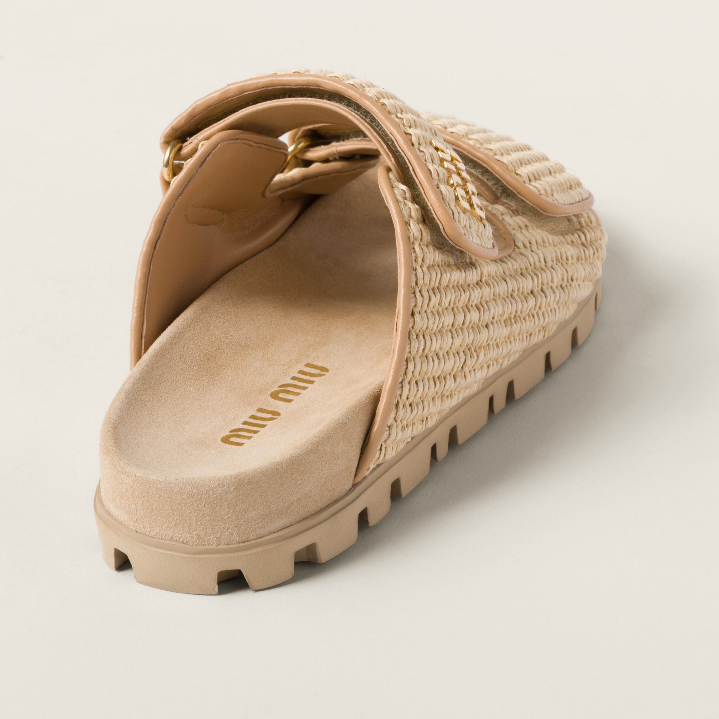 MiuMiu＊Raffia-effect ラフィア風 スライドサンダル＊送料込 Miu Miu Raffia-effect woven fabric slides | REVERSIBLE