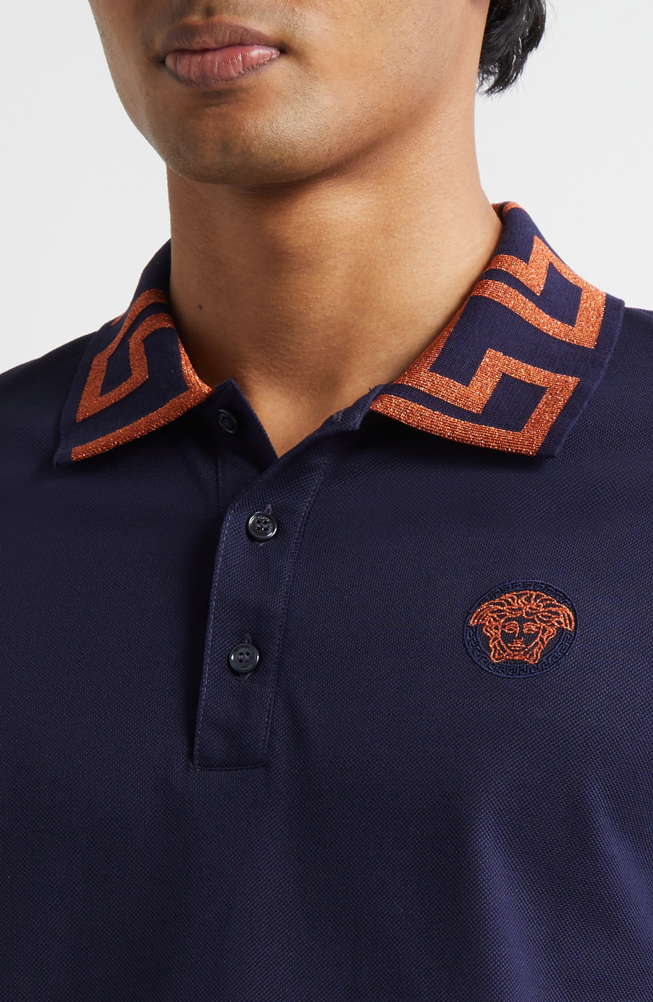 Versace Metallic Greca Collar Piqué Polo in Navy Blue at Nordstrom - 4