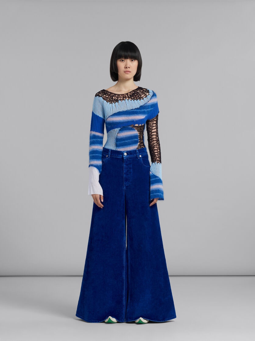 BLUE FLOCKED DENIM WIDE-LEG TROUSERS - 2