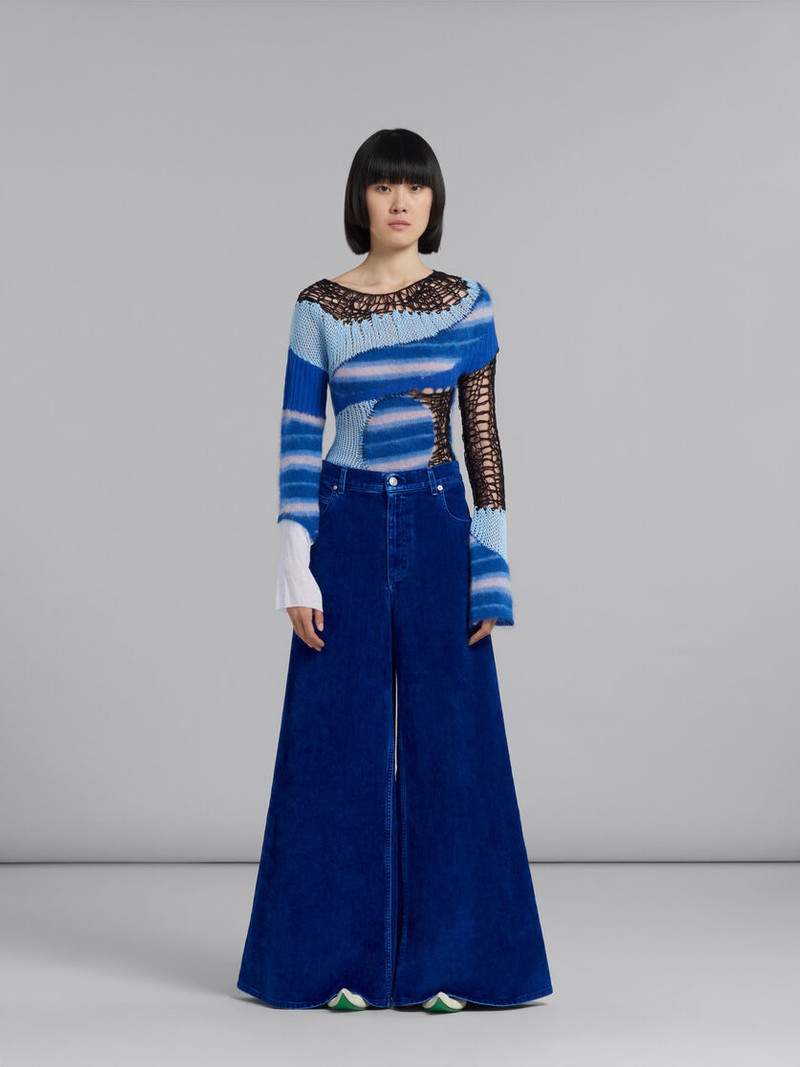 Marni BLUE FLOCKED DENIM WIDE-LEG TROUSERS outlook