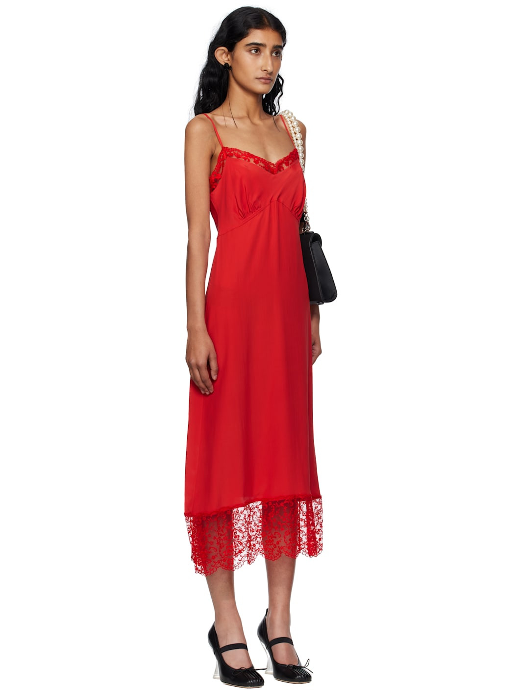 Red Deep Lace Trim Slip Midi Dress - 2