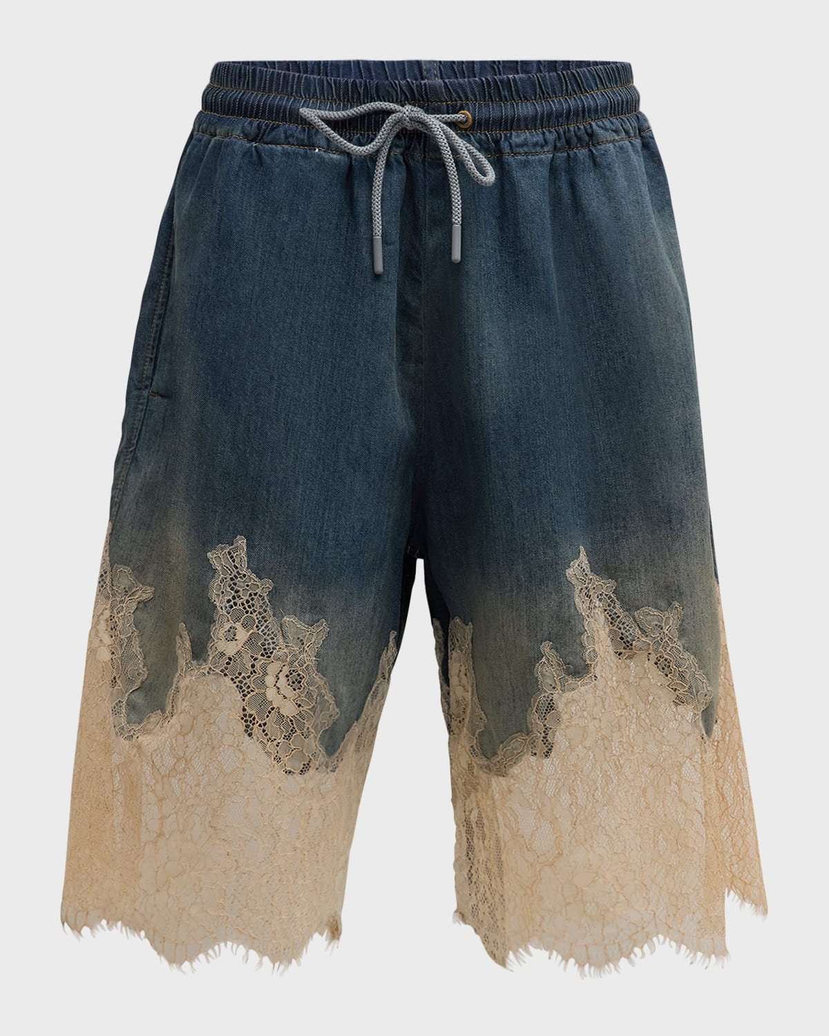 Men's Denim and Lace Drawstring Shorts - 1