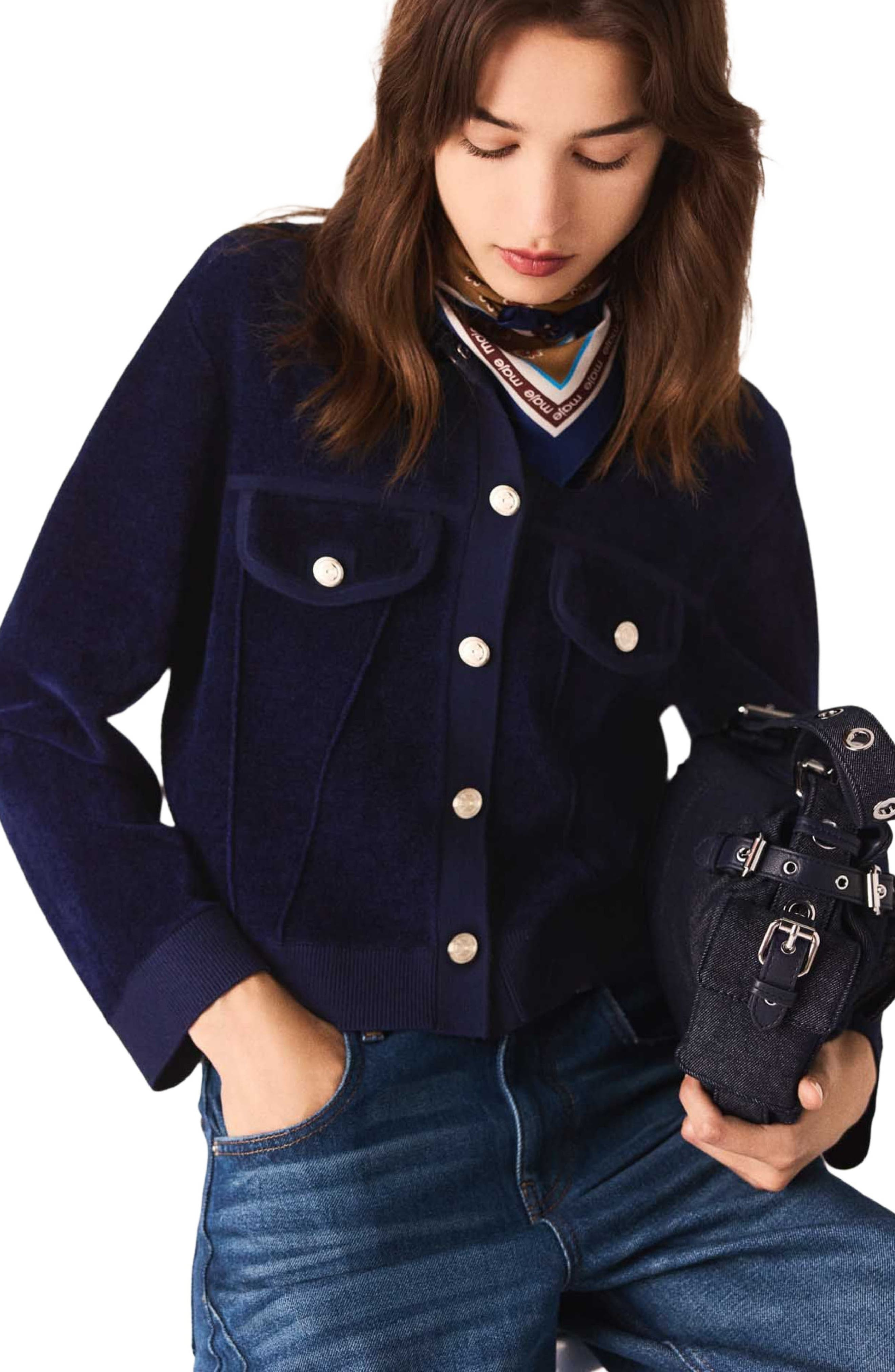 maje Cropped velvet jacket in Navy at Nordstrom - 6