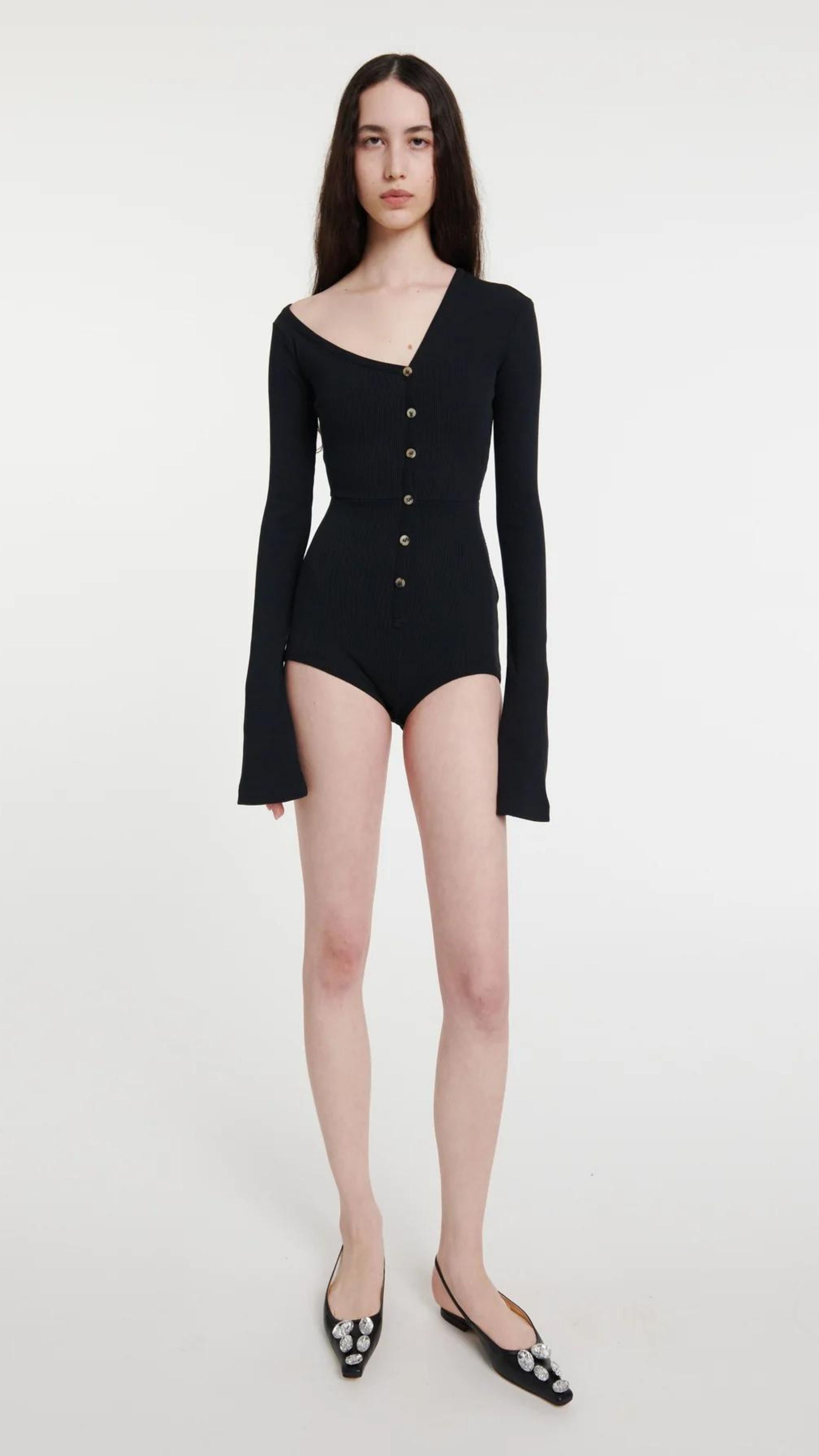 Body Suit with Asymmetrical Collar in Black - 9