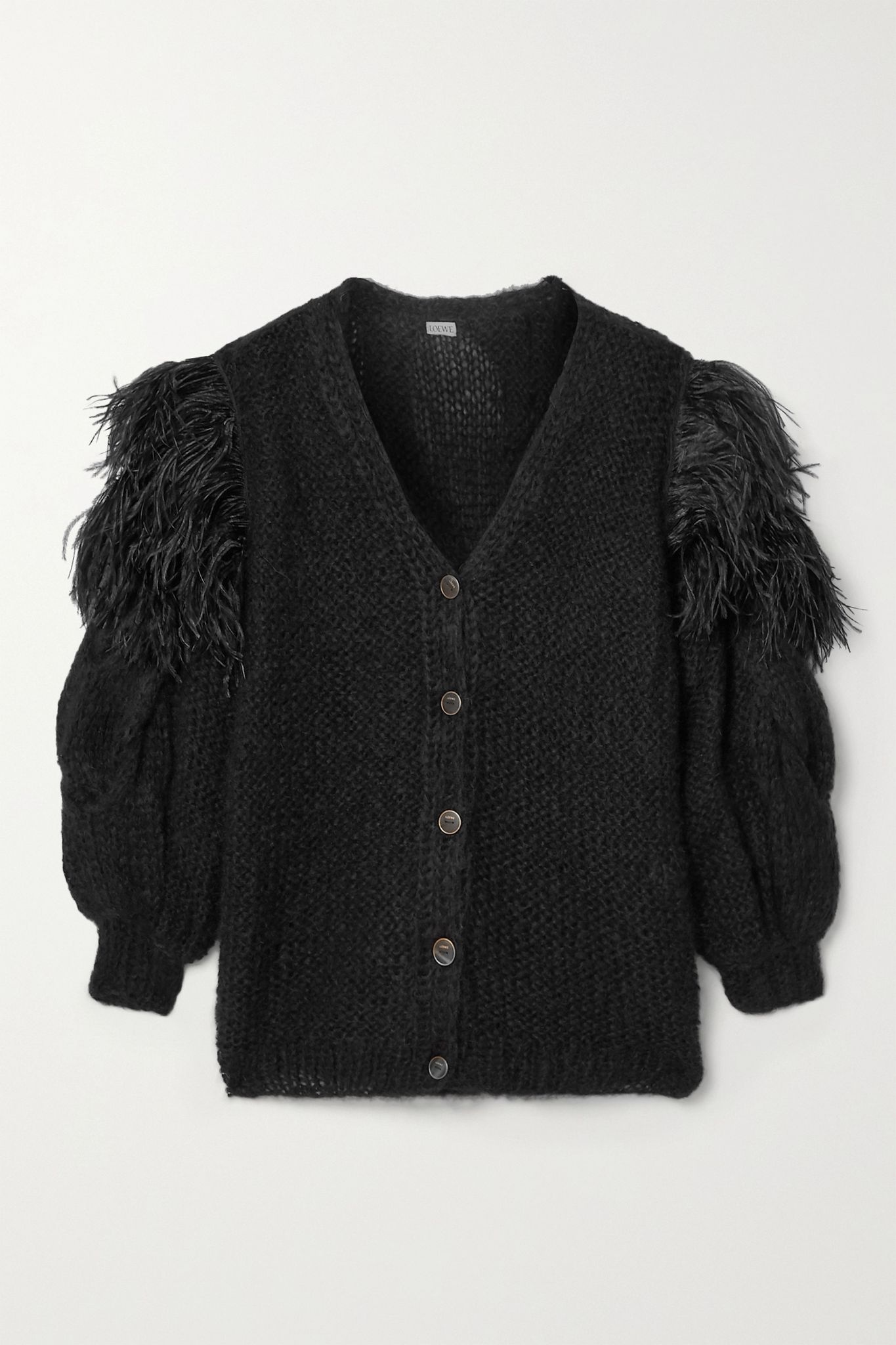 Oversized feather-trimmed cable-knit mohair-blend cardigan - 1