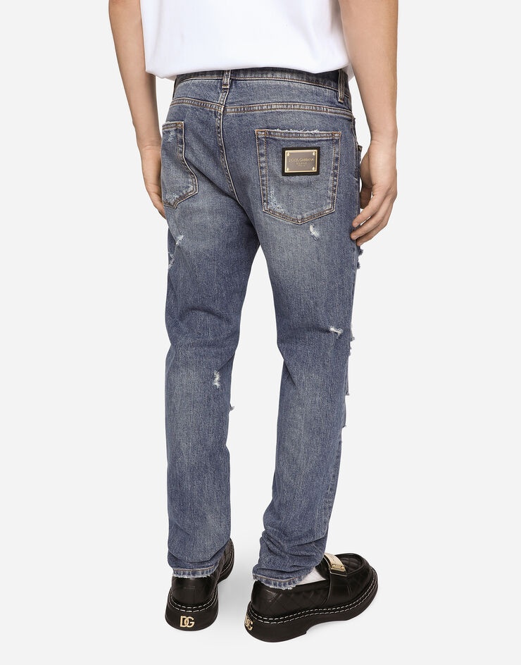Mid blue slim-fit stretch jeans with rips - 4