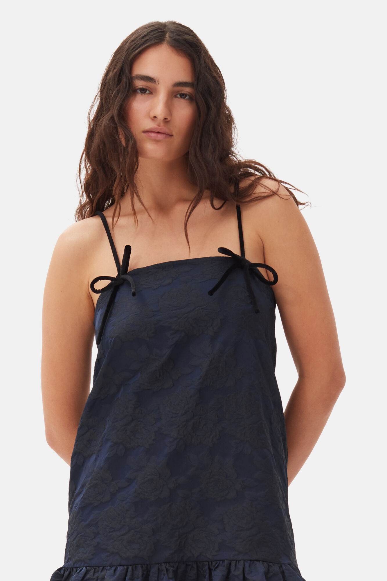 NAVY BLUE BOTANICAL JACQUARD STRAP MIDI DRESS - 3