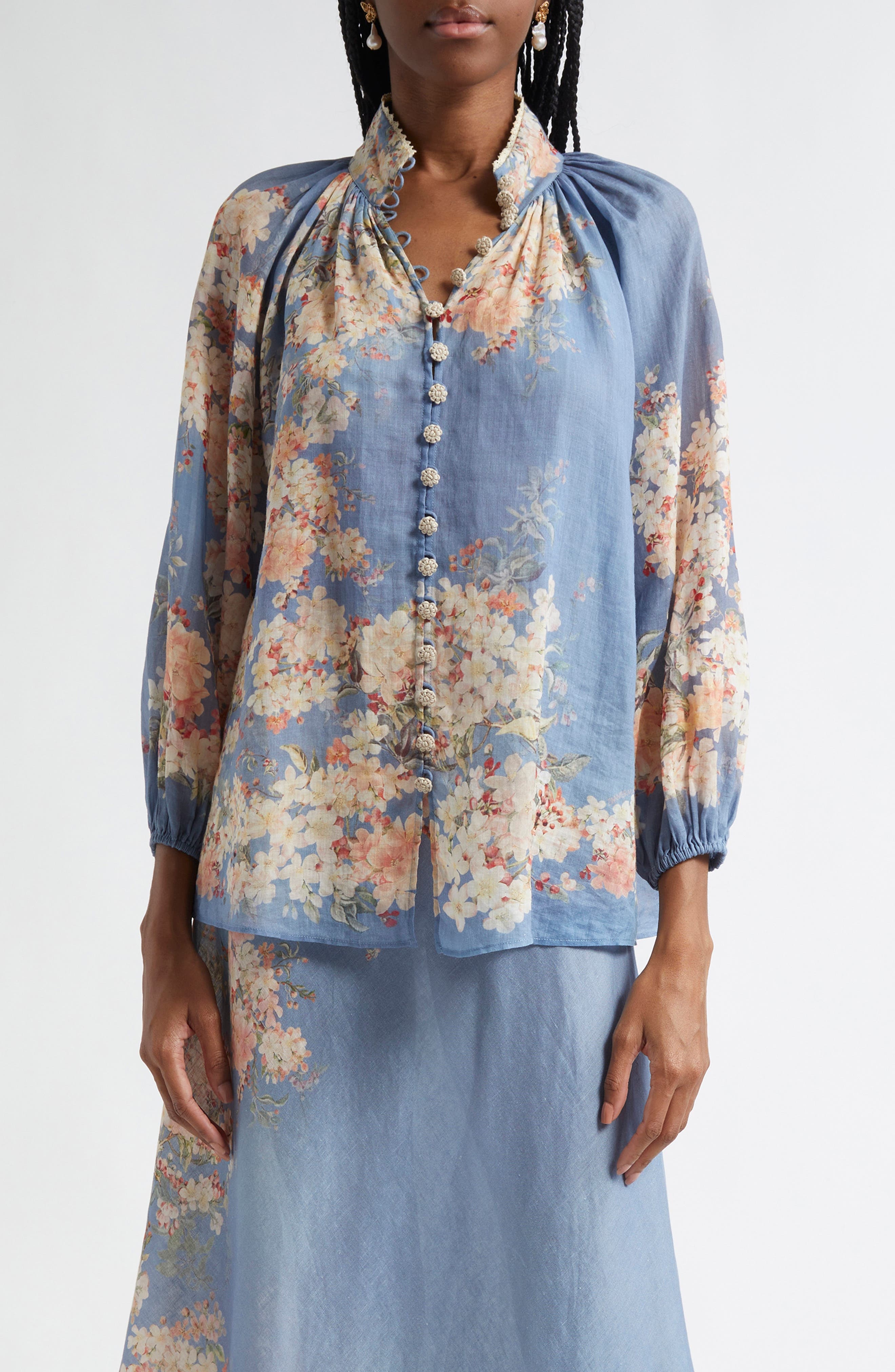 Zimmermann Cascadian Billow Linen Button-Up Shirt in Blue Botanical Floral at Nordstrom - 1