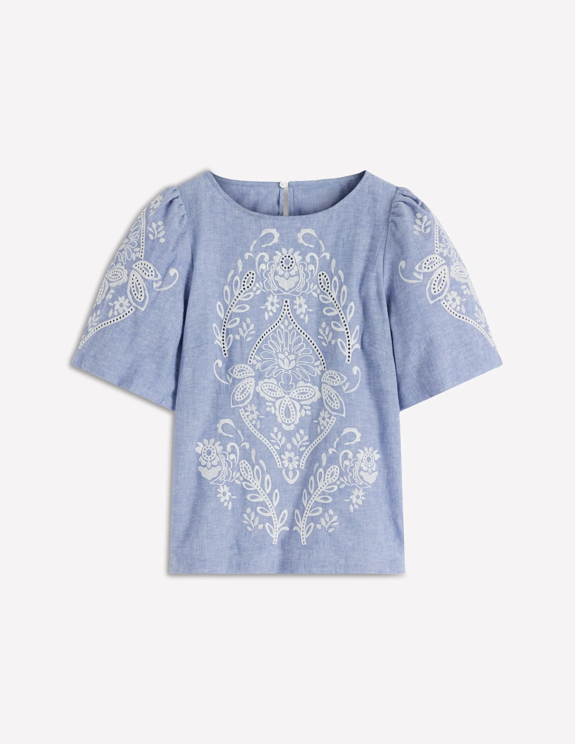 Linen Puff Sleeve Top-Chambray - 1