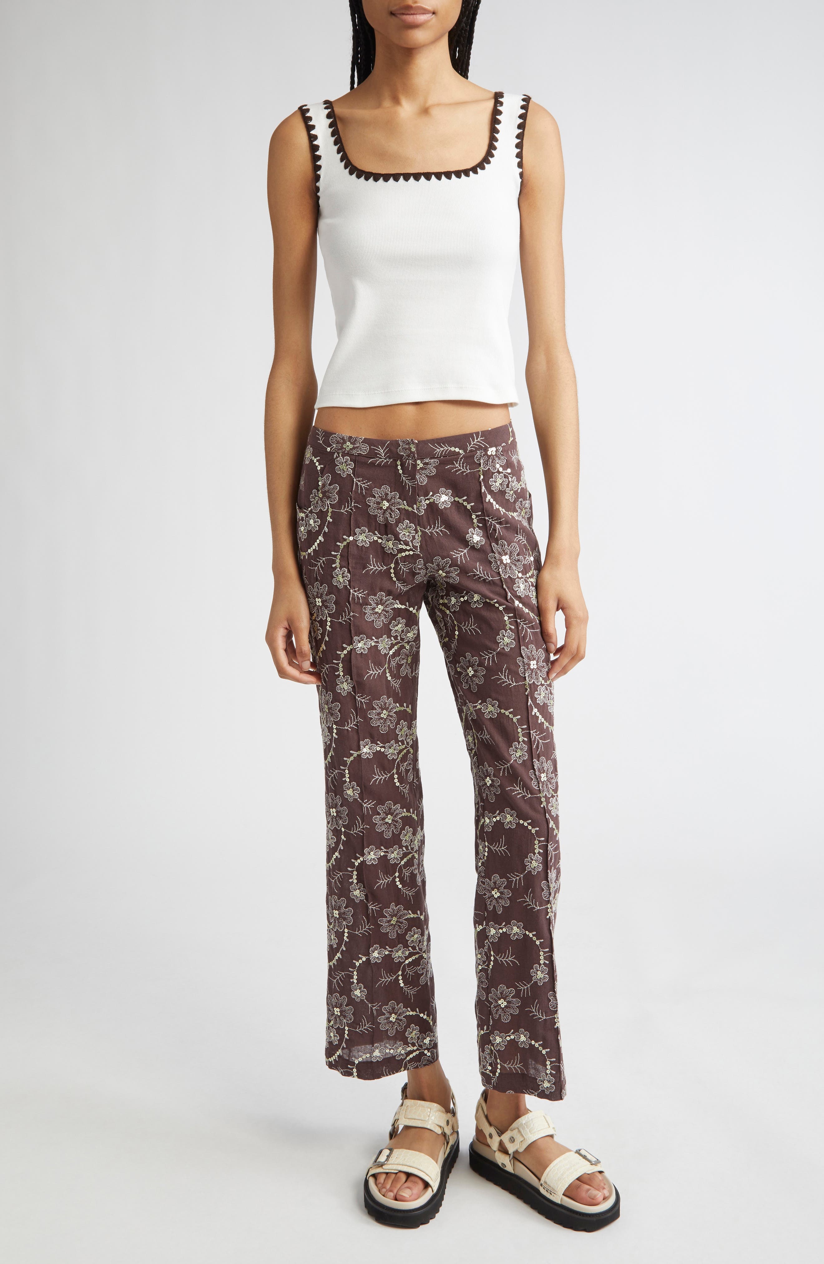 Siedrés Cera Floral Sequin Straight Leg Pants in Brown at Nordstrom - 8