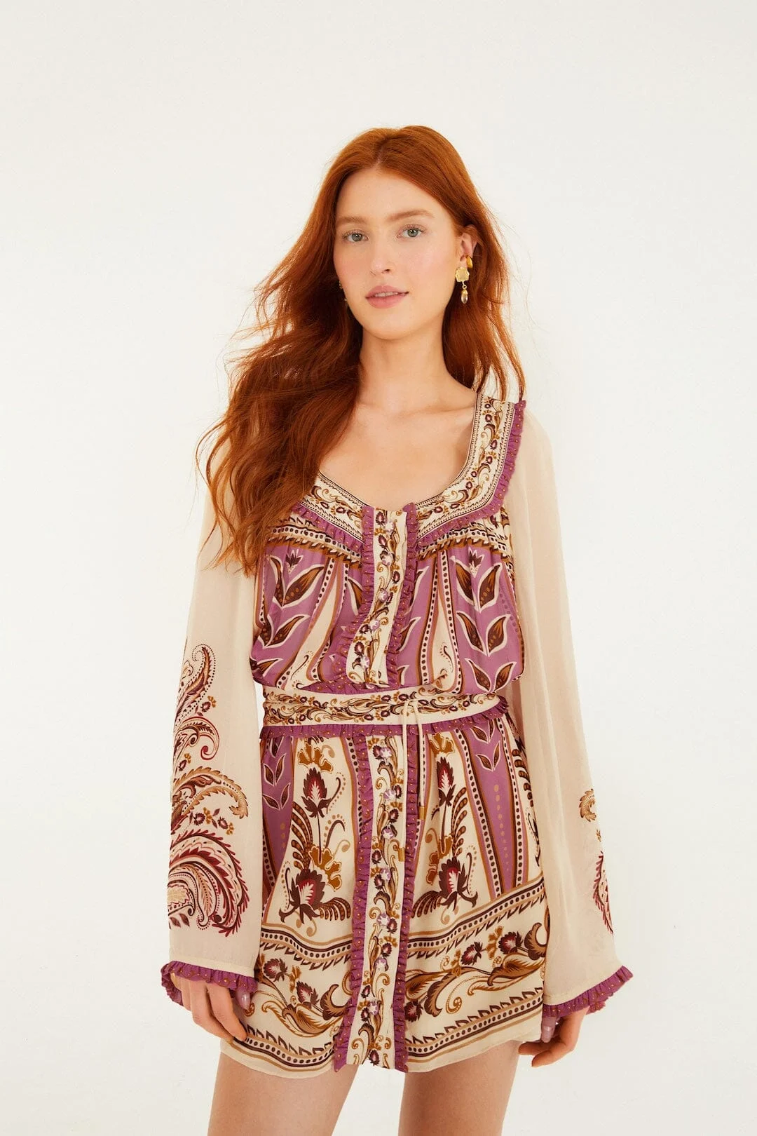 Sand Delicate Ainika Long Sleeve Belted Mini Dress - 1