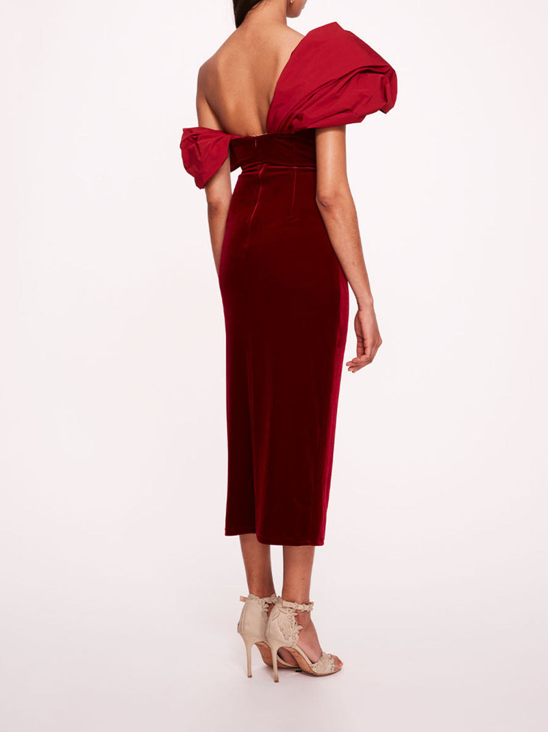 Marchesa ASYMMETRICAL VELVET MIDI DRESS outlook