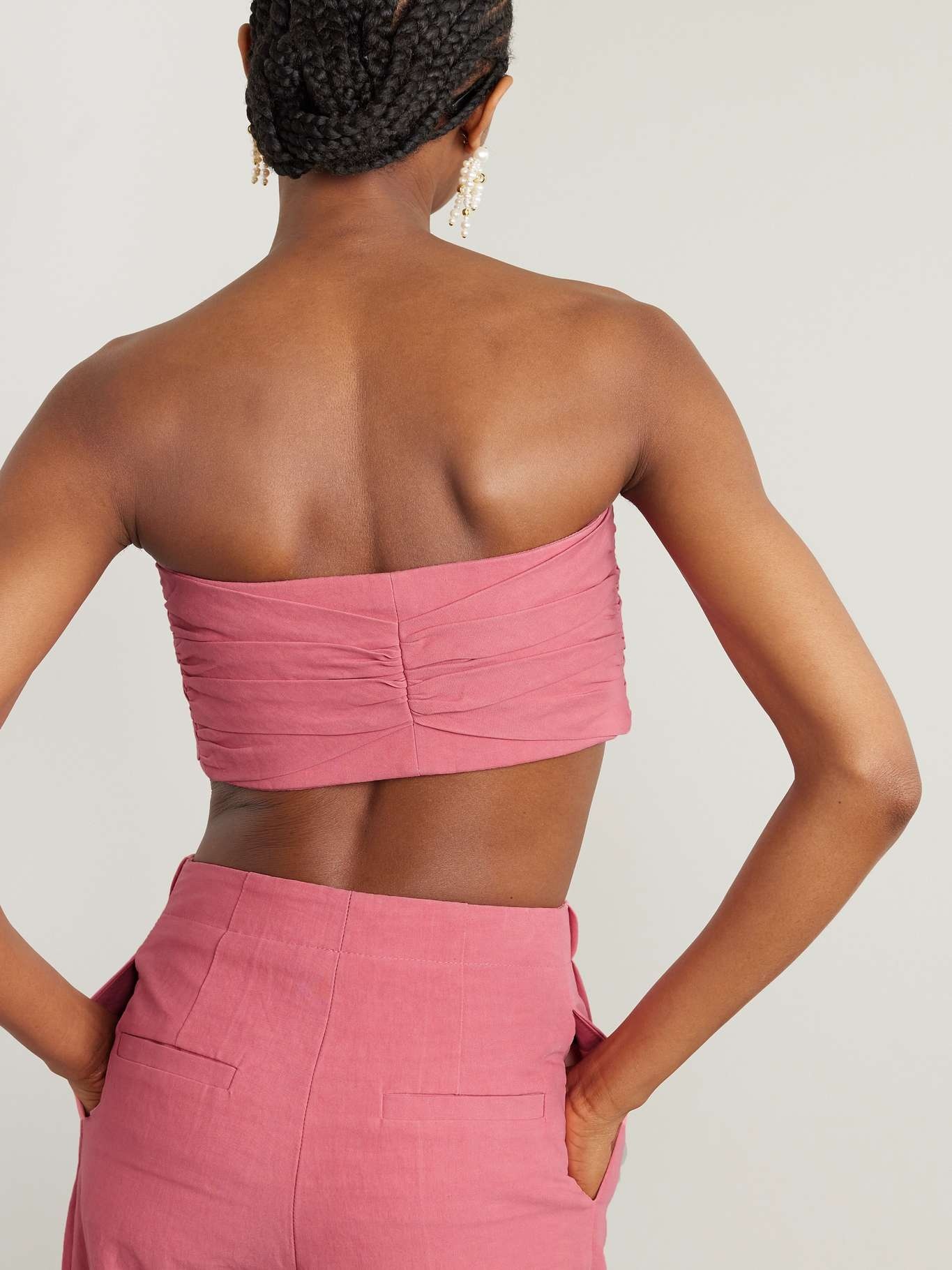 Awa cropped tie-front gathered stretch linen and cotton-blend top - 3