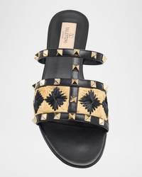 Valentino Rockstud Raffia Flat Slide Sandals | neimanmarcus