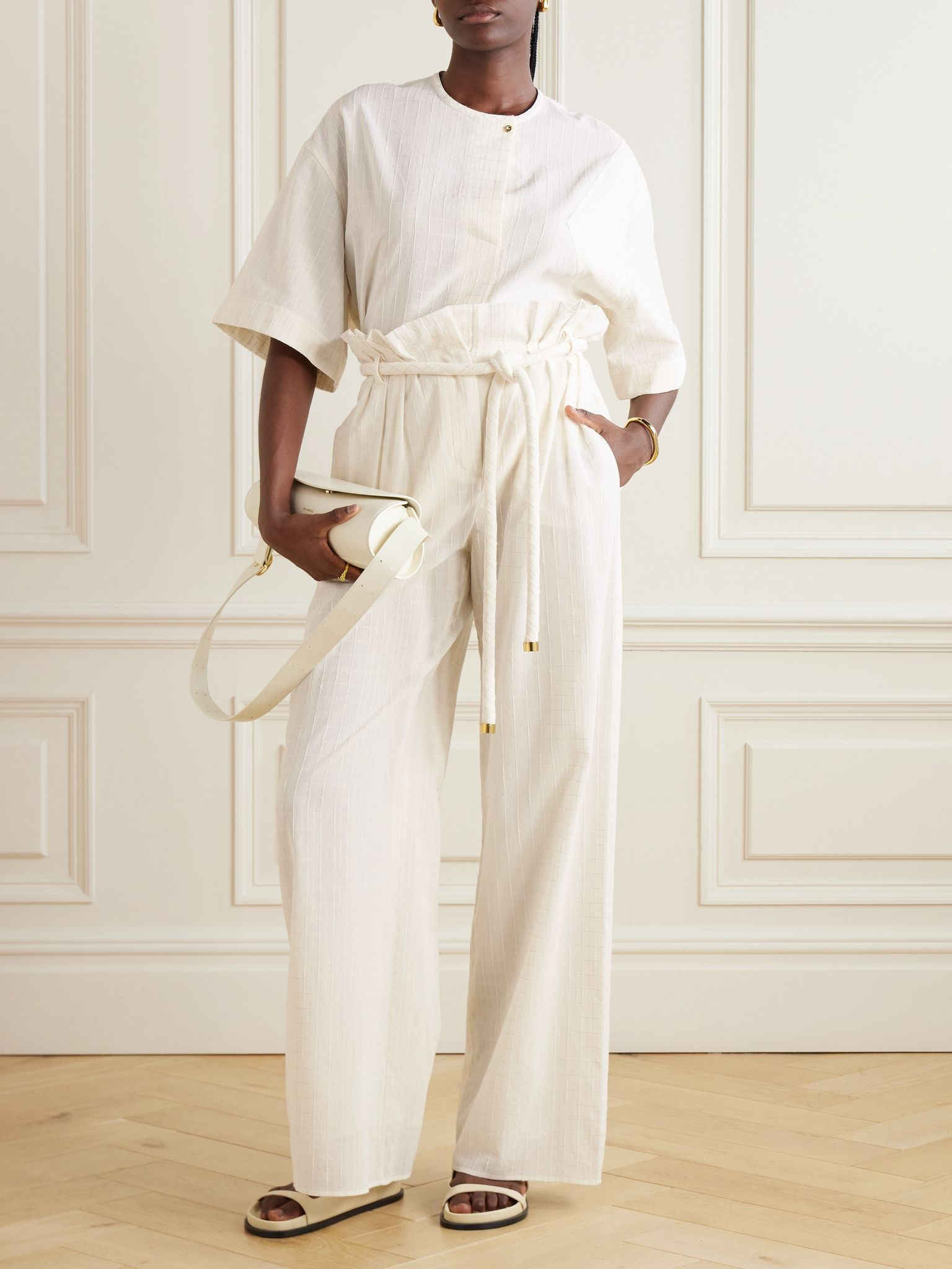 Tristin belted checked cotton-blend wide-leg pants White - 2