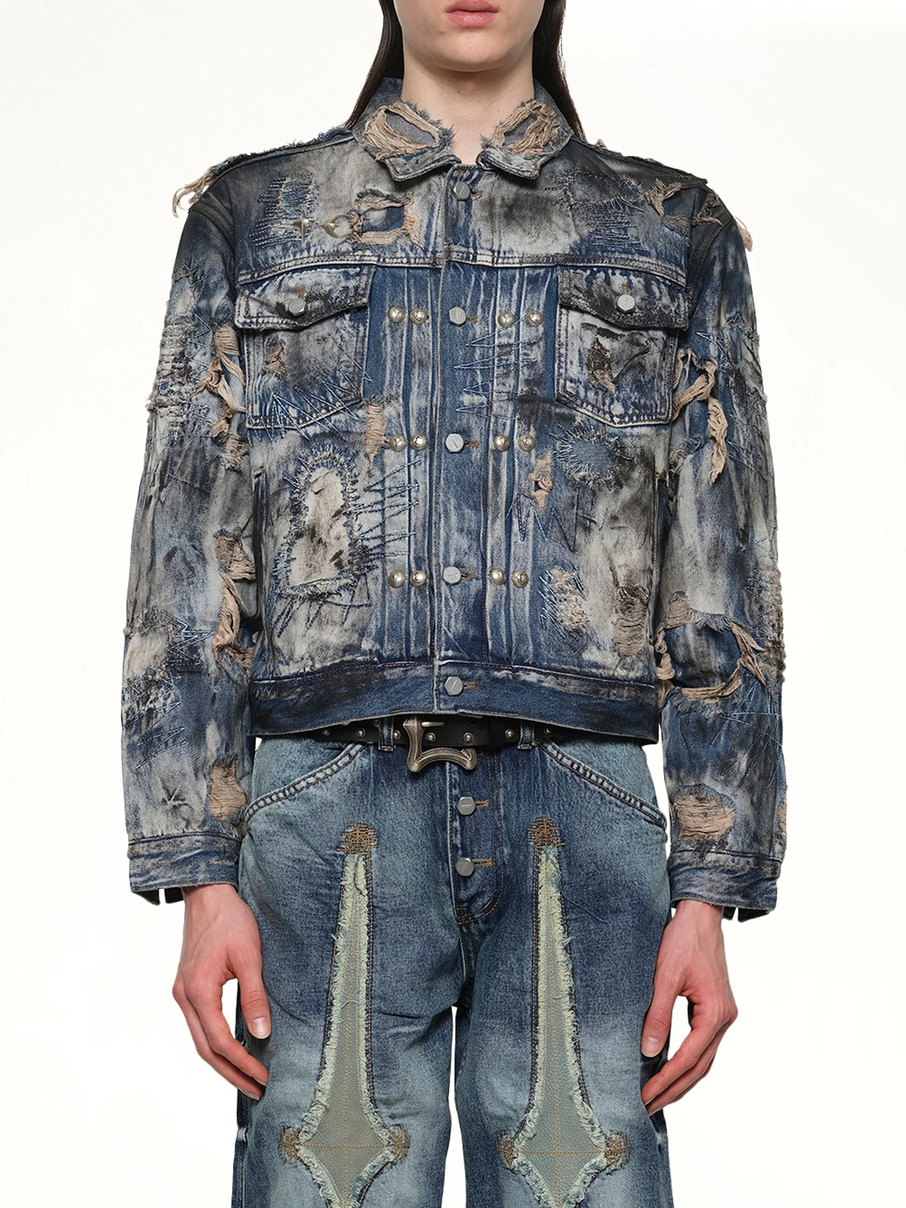 Hard-Washed Damaged Denim Jacket in Blue - 1