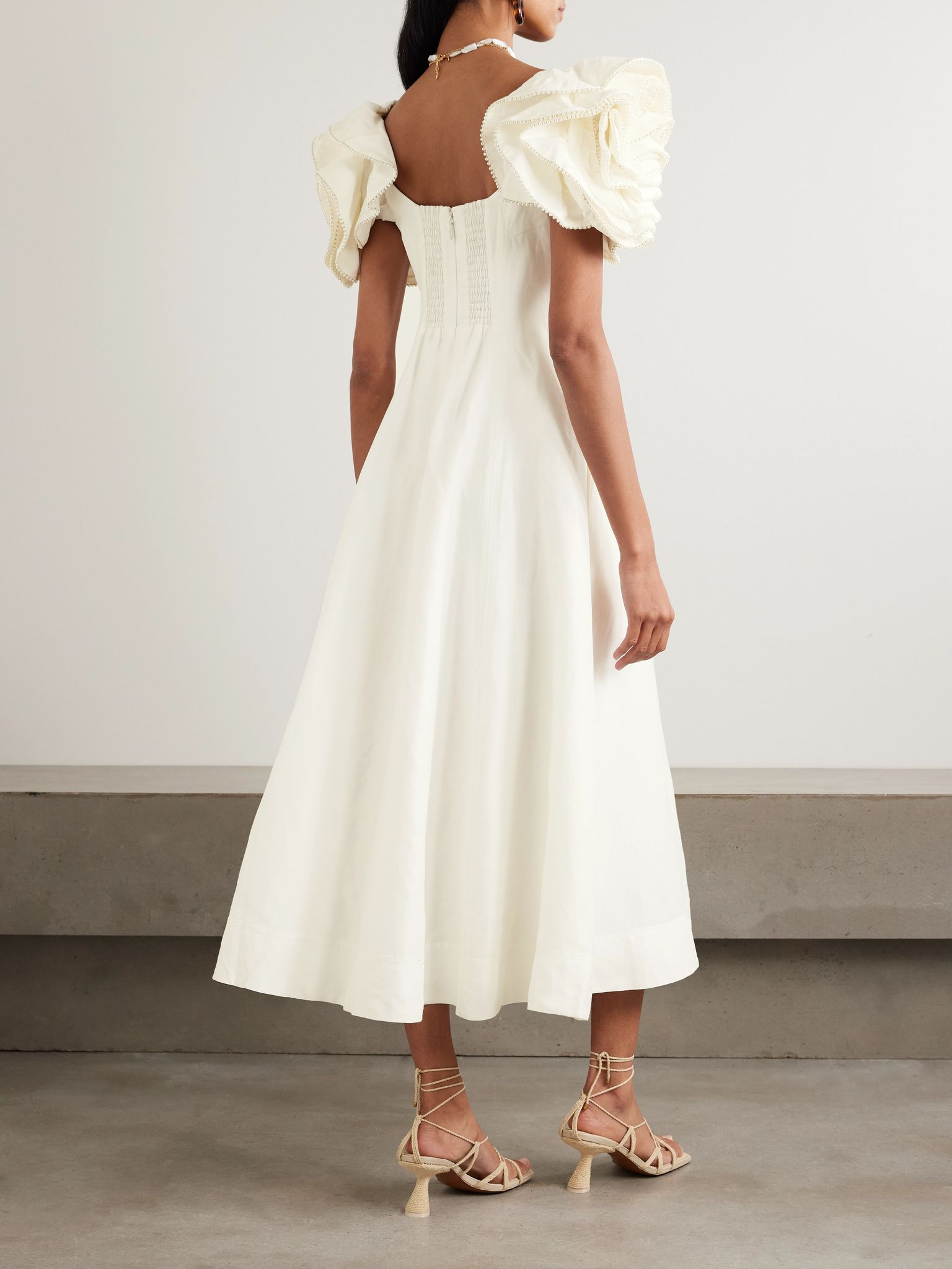 Twyla ruffled faux pearl-embellished crepe midi dress Ivory - 3