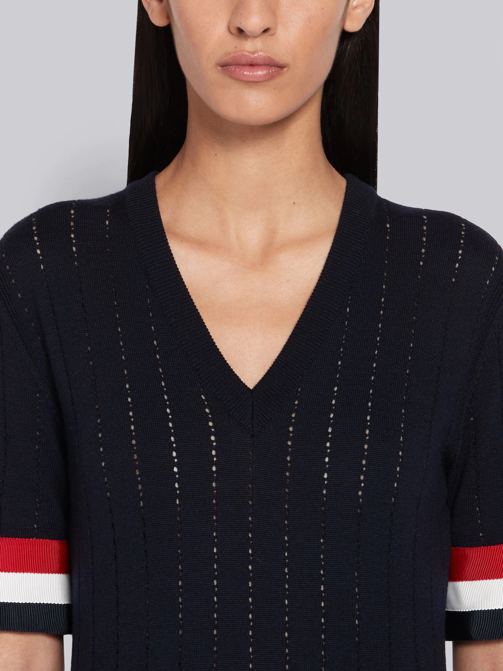 Navy Merino Wool RWB Cuff V-Neck Pleated Dress - 4