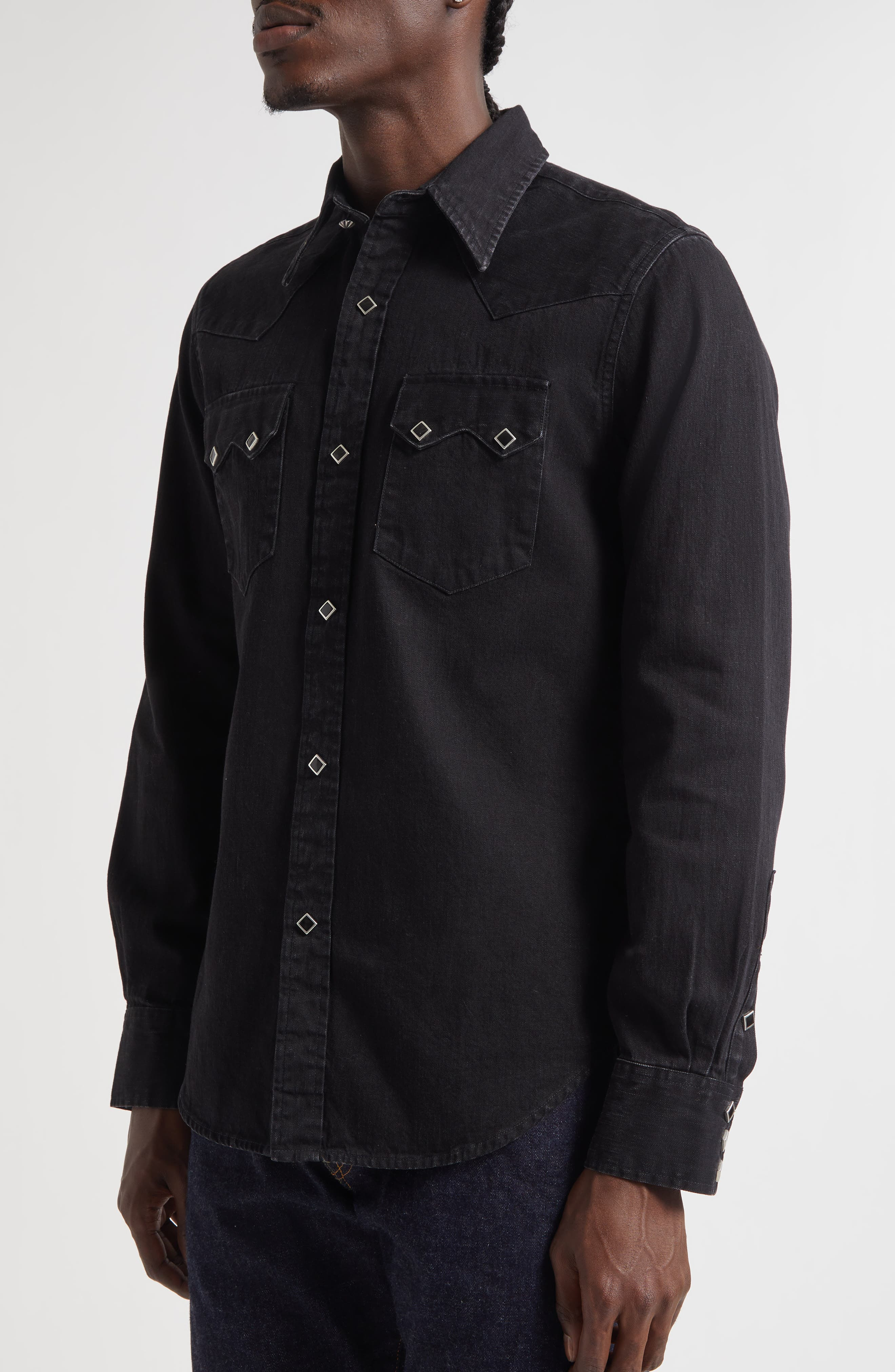 Double RL Slim Fit Denim Western Snap-Up Shirt in Black at Nordstrom - 5