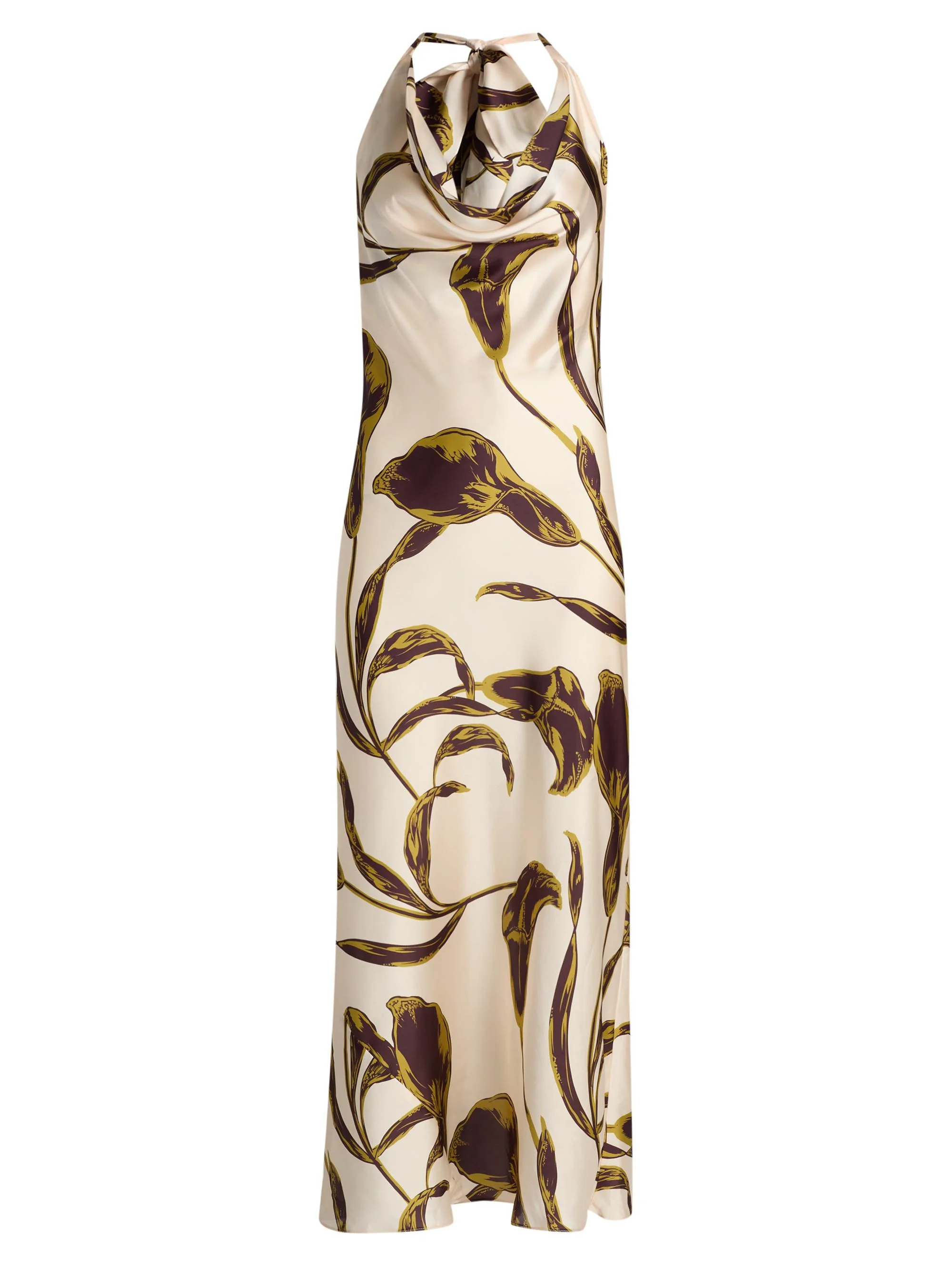 MISA Women's Ida Floral-Print Halterneck Satin Midi-Dress - Mahogany Calla Lily - 0400026592086