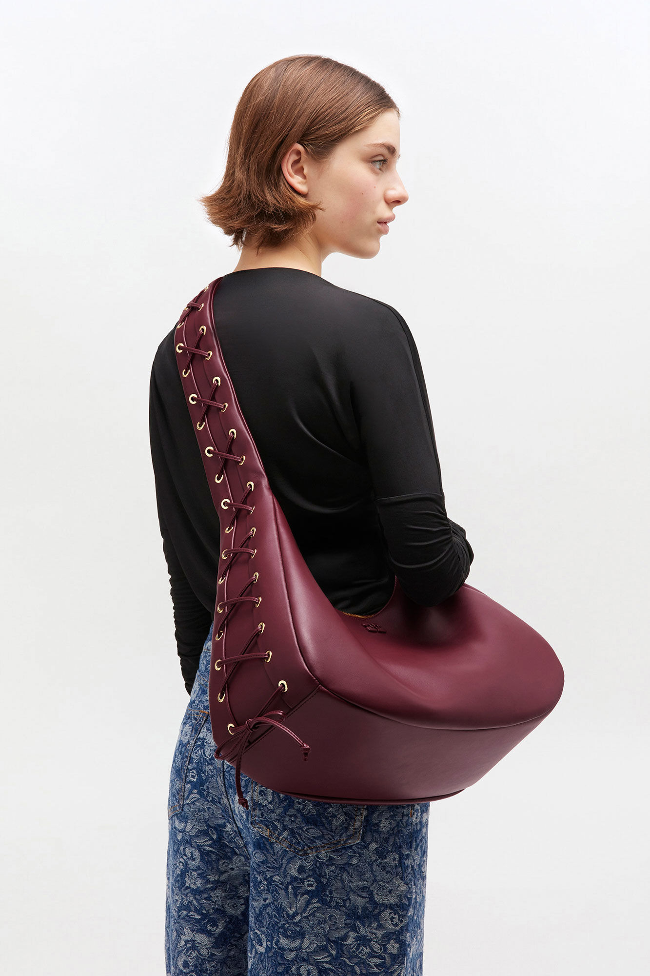 BURGUNDY MEDIUM LACES HOBO BAG - 4