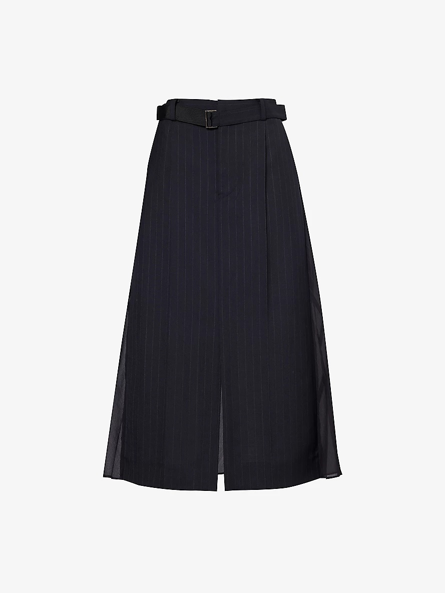 Pinstripe-pattern A-line woven midi skirt - 1