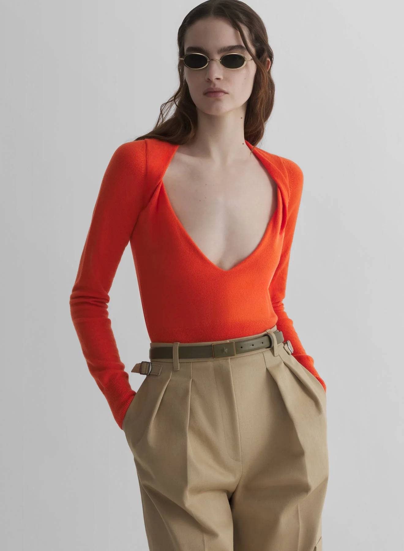 orange cashmere v-neck knit top - 1
