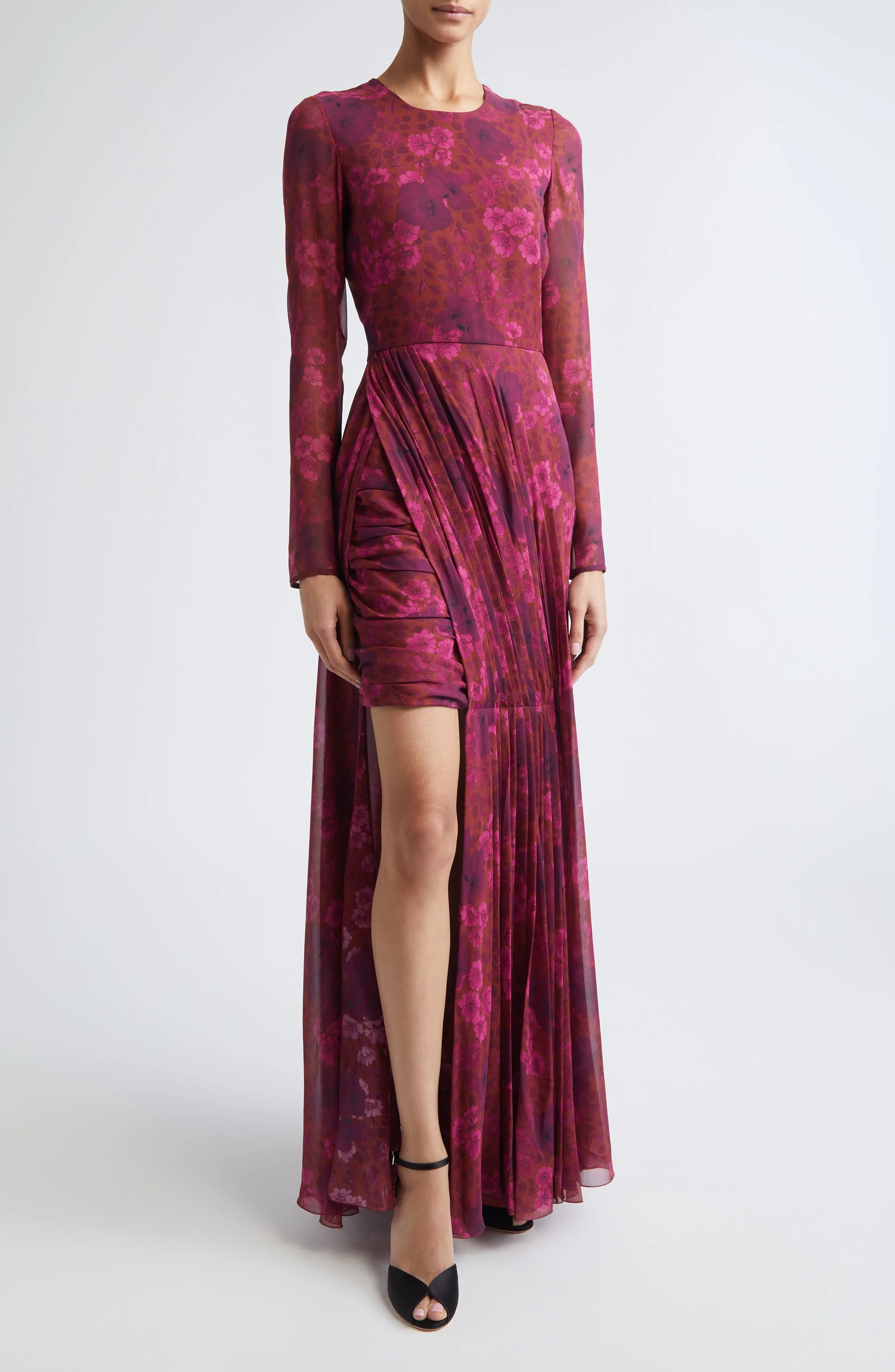 Giambattista Valli Anemones Draped Long Sleeve Silk Dress in Brick Multi at Nordstrom - 1