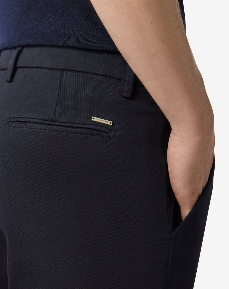 Blue garment-dyed stretch cotton trousers 5