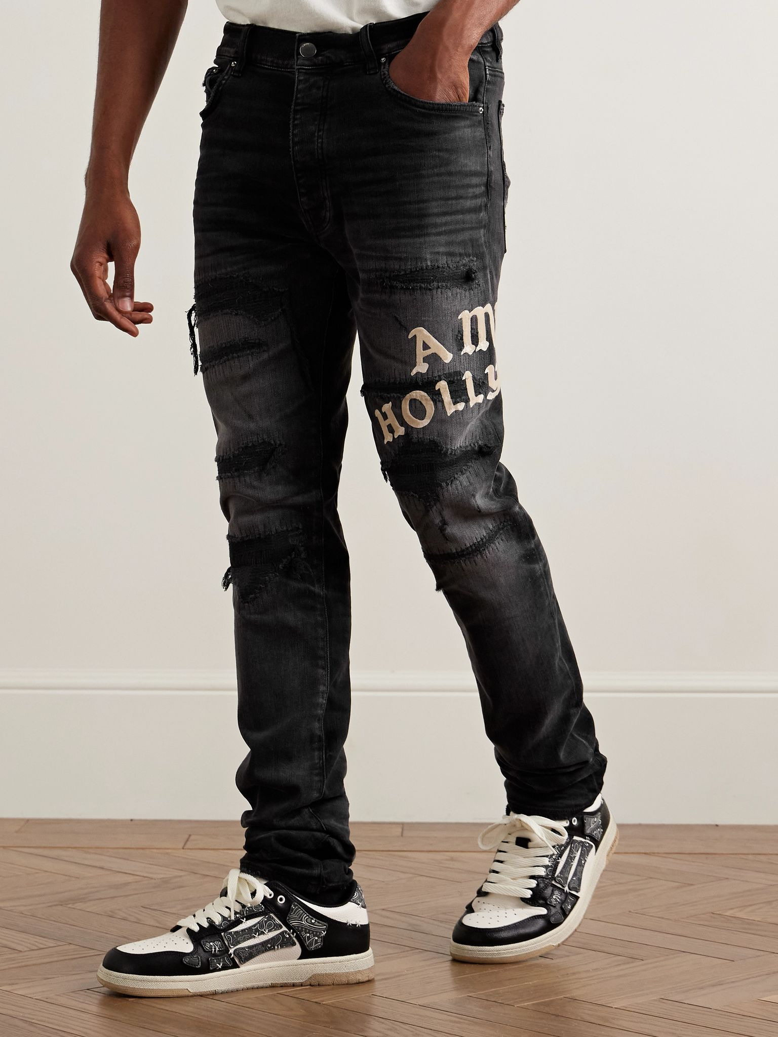 Hollywood Skinny-Fit Logo-Flocked Distressed Jeans Black - 3