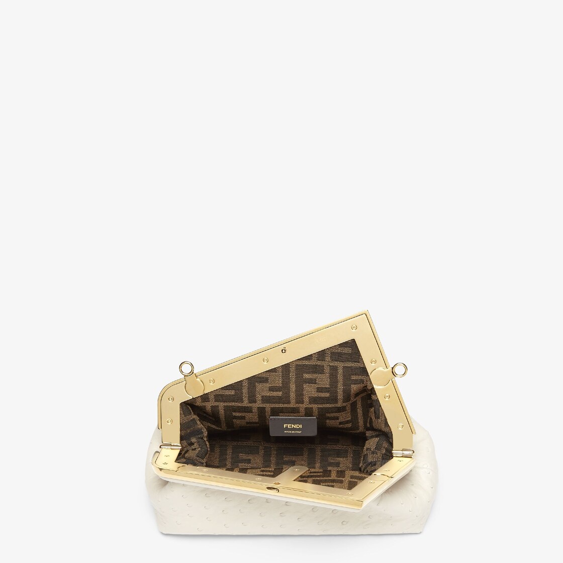 Small Fendi First bag made of exquisite white ostrich leather with oversized metal F clasp bound in  - 4