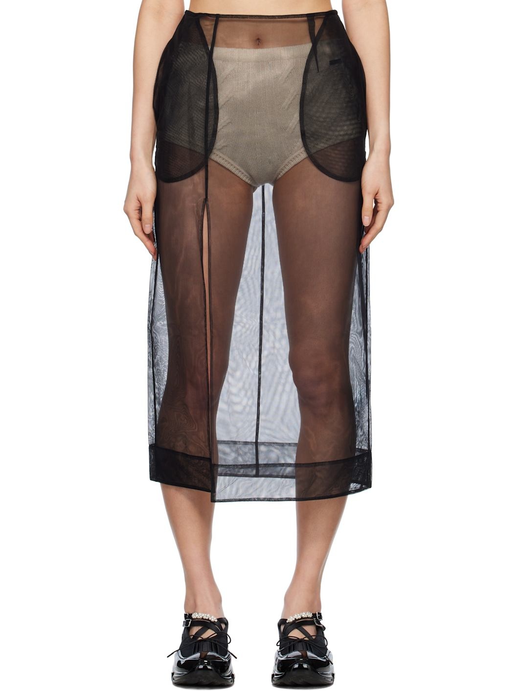 Black Sheer Slit Pencil Midi Skirt - 1
