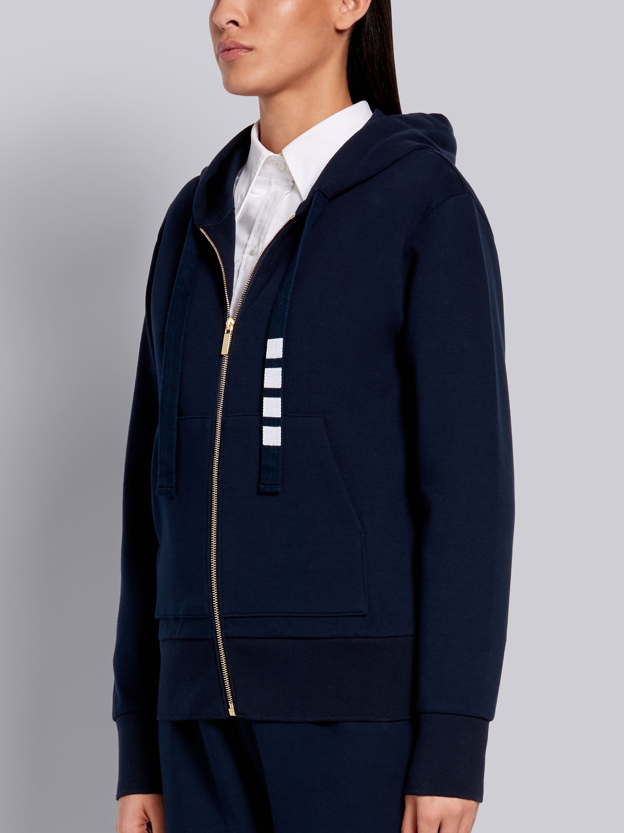 Navy Compact Double Knit Cotton Zip-up 4-Bar Hoodie - 2