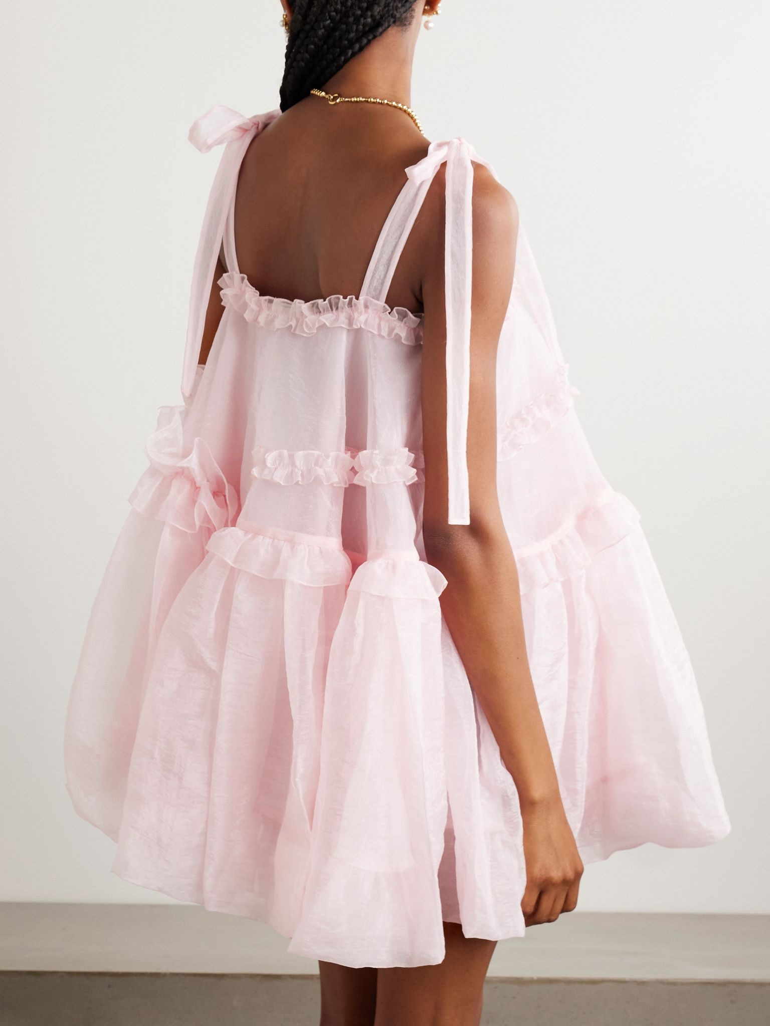 Cristina bow-detailed tiered ruffled crinkled-taffeta mini dress Pastel pink - 3