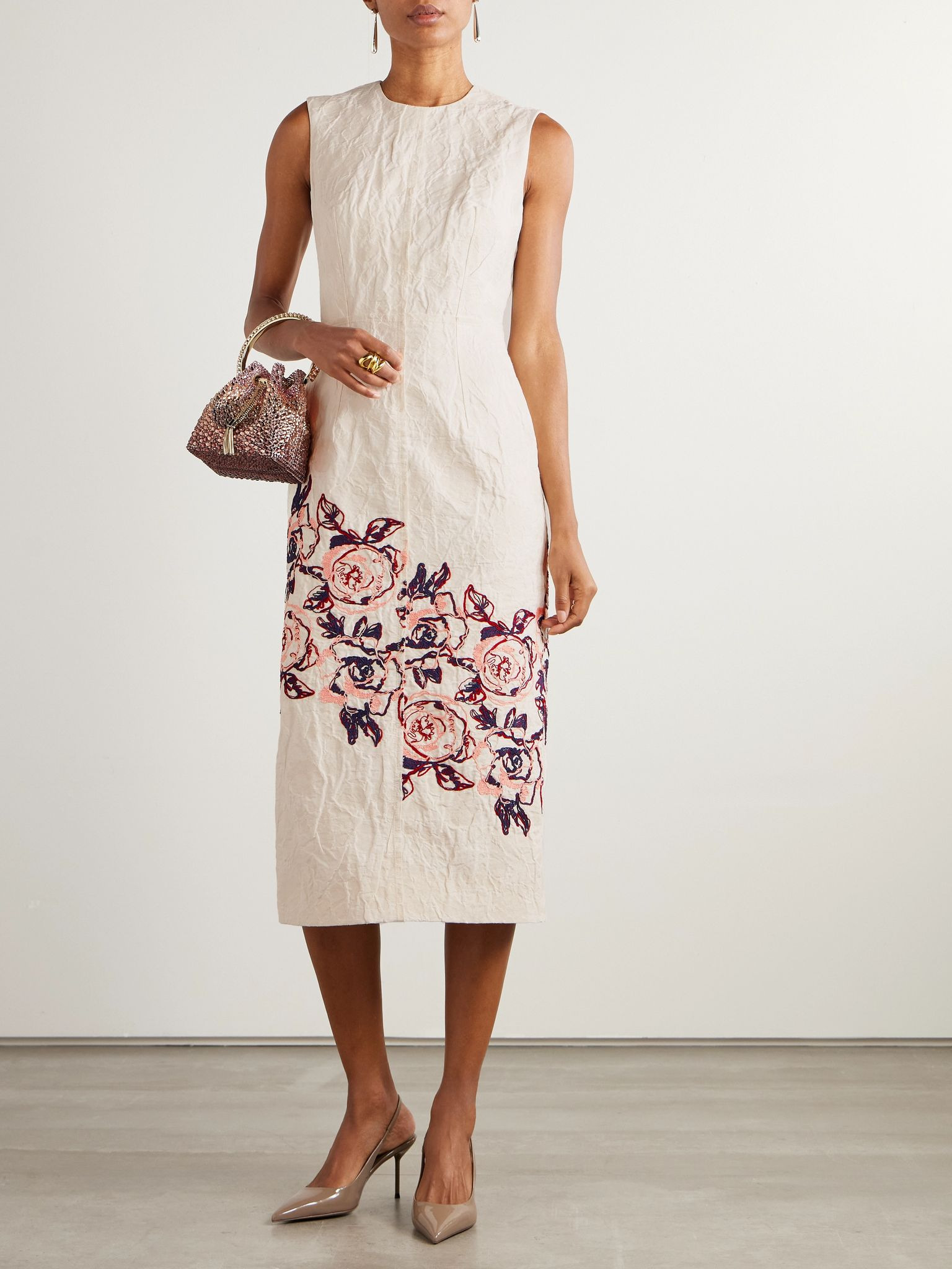 Embroidered cotton and linen-blend midi dress Ivory - 2