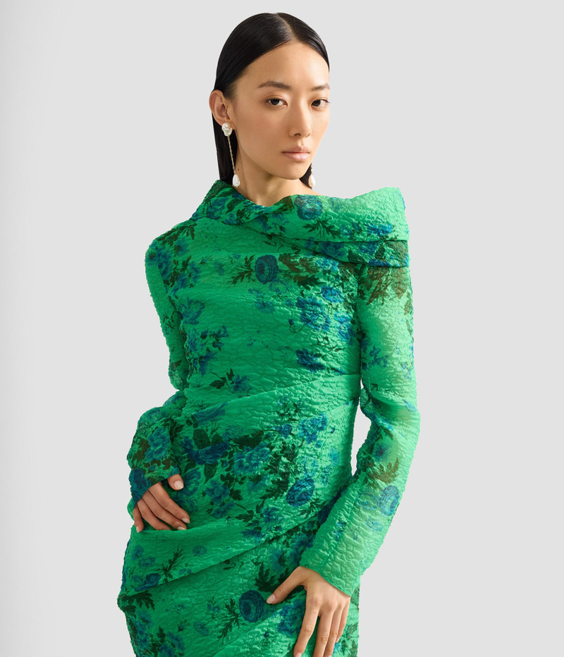 FLORAL PRINT ORGANZA CLOQUE DRAPED MIDI DRESS 5