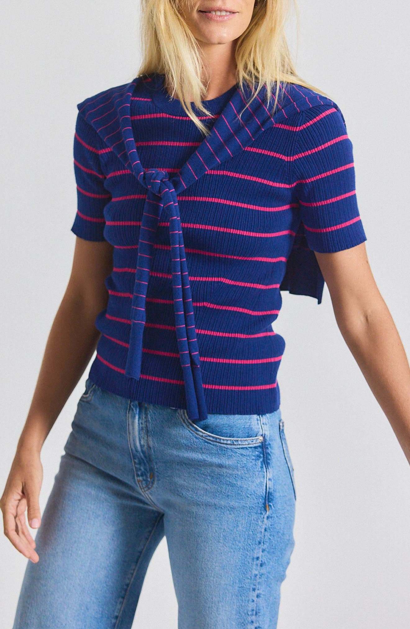 Derek Lam 10 Crosby Twain Stripe Short Sleeve Sweater With Detachable Shrug in Navy/Raspberry at Nor - 1
