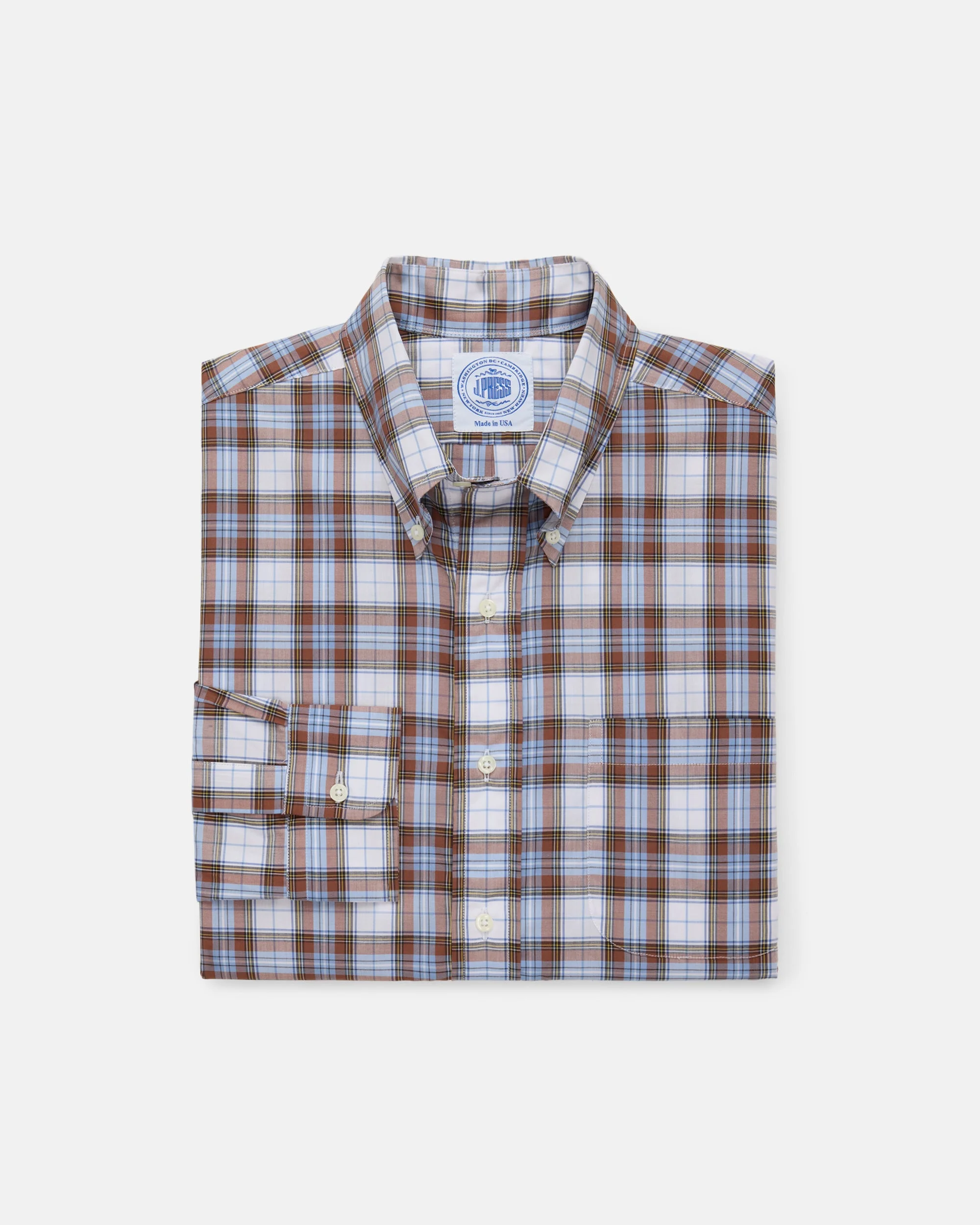 MADE-IN-USA BROWN & LIGHT BLUE PLAID SPORT SHIRT - CLASSIC FIT - 1