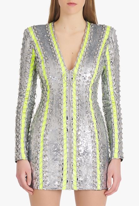 Short silver and lime-green embroidered dress - 5