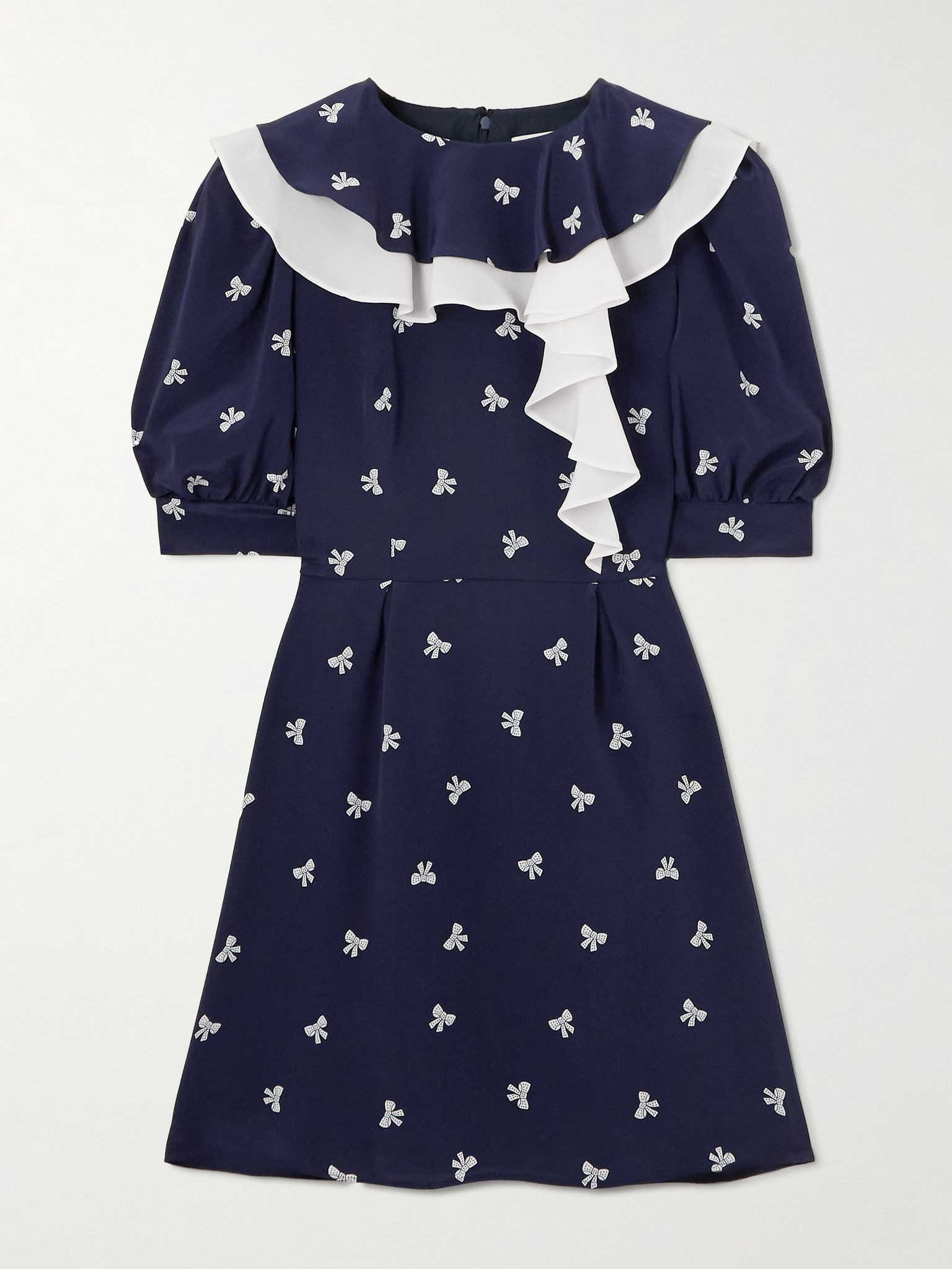 Ruffled pleated printed silk mini dress Navy - 1