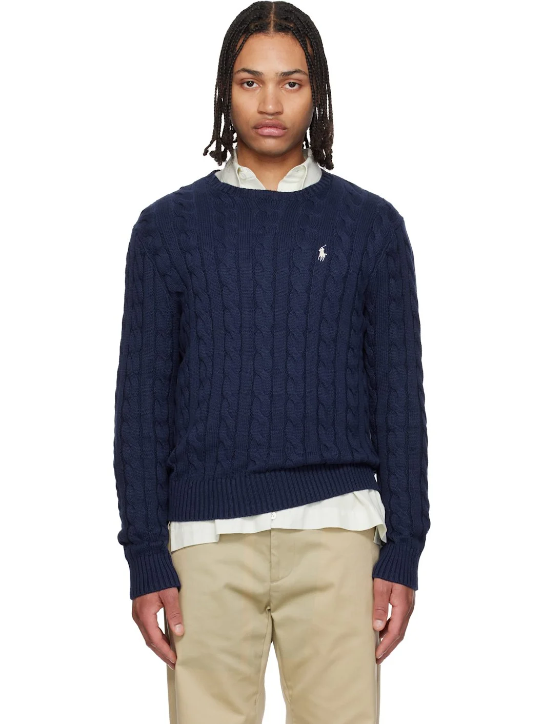 Navy Cable-Knit Cotton Sweater - 1
