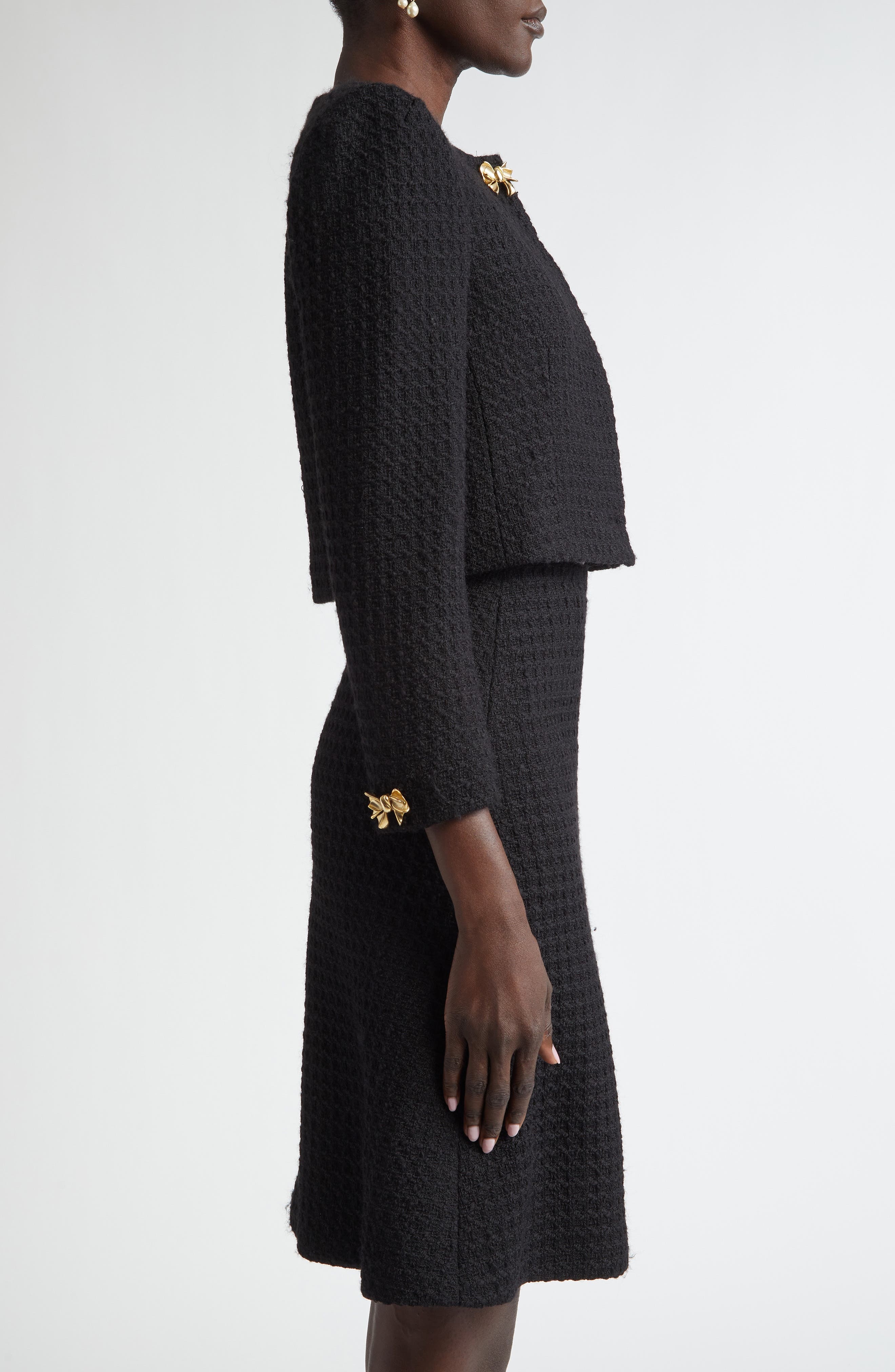 Oscar de la Renta Bow Detail Wool Tweed Crop Jacket in Black at Nordstrom - 4